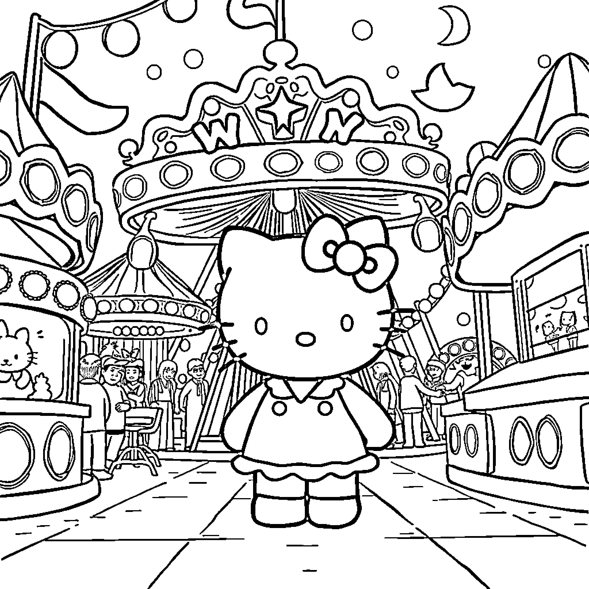Hello Kitty enjoying the carnival rides Coloring Page (free black-and-white line drawing printable PDF for all, from beginners to advanced learners, including children, teens, adults, and seniors)