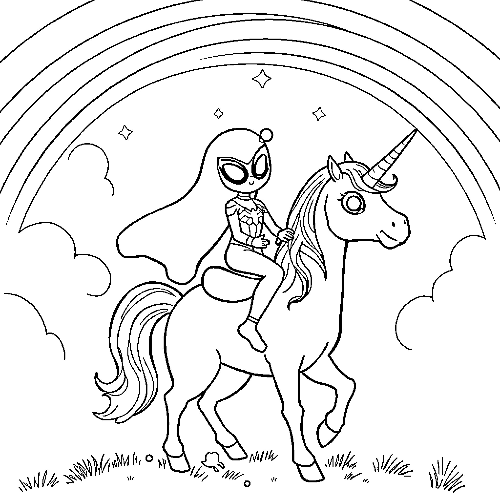 Gwen riding a unicorn under a rainbow Coloring Page (free black-and-white line drawing printable PDF for all, from beginners to advanced learners, including children, teens, adults, and seniors)