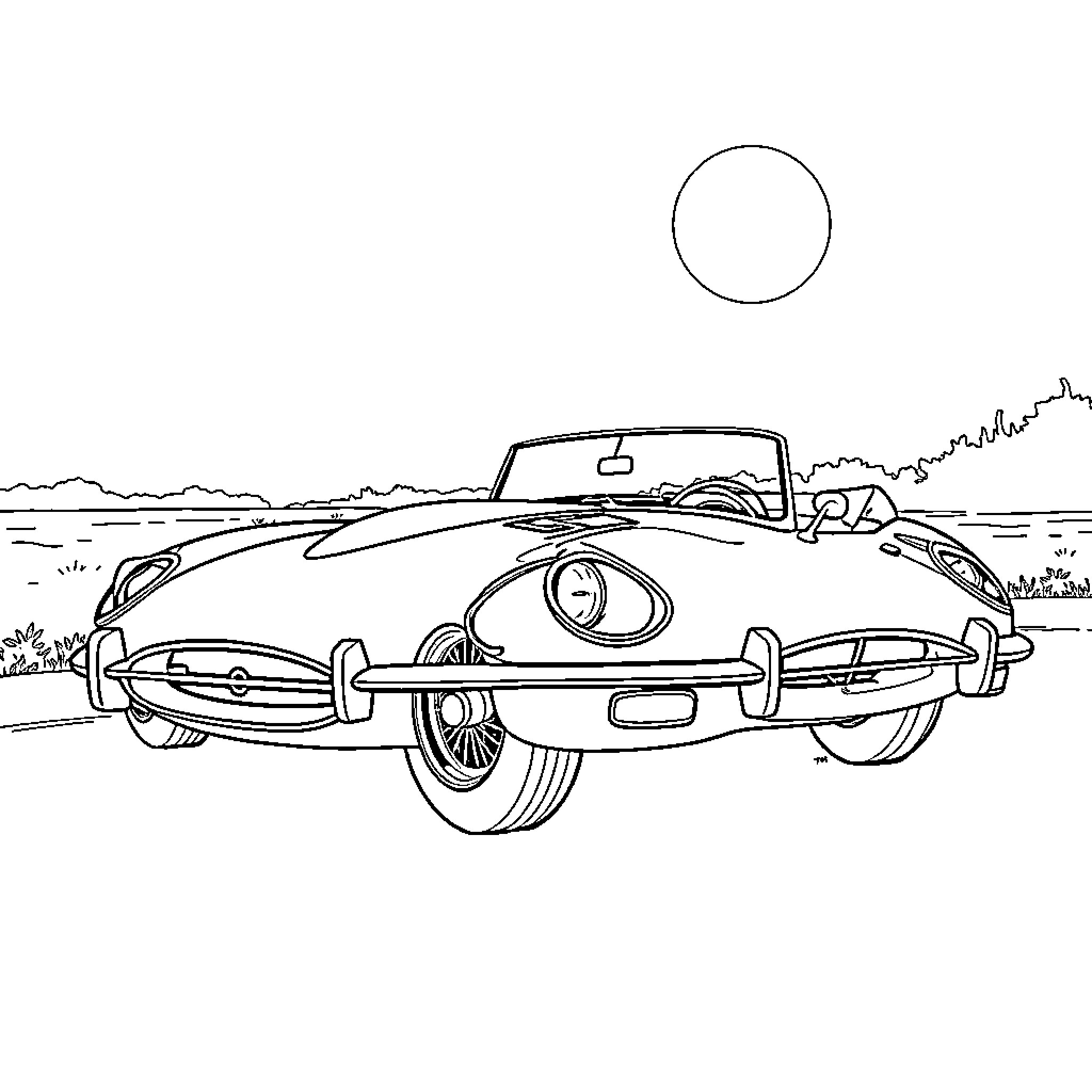 Jaguar classic car on scenic countryside road Coloring Page (free black-and-white line drawing printable PDF for all, from beginners to advanced learners, including children, teens, adults, and seniors)