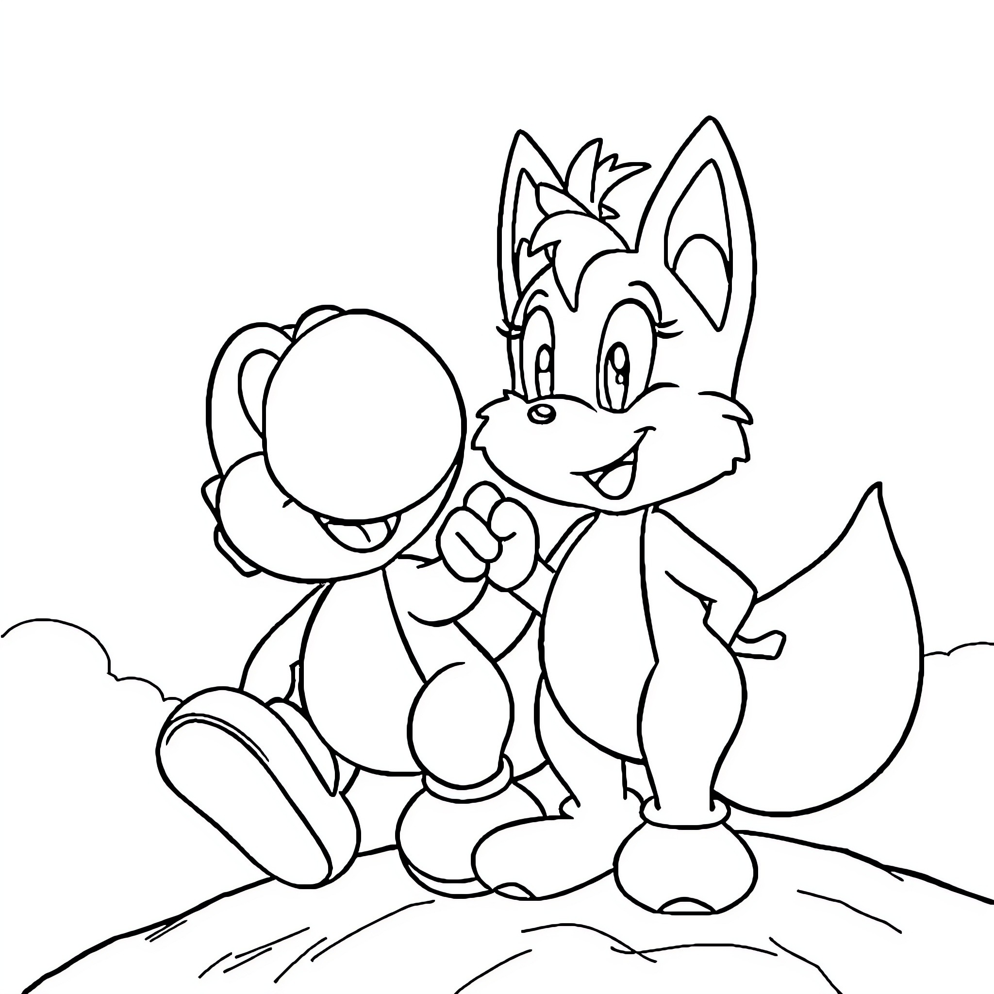 Yoshi playing with friends in nature Coloring Page (free black-and-white line drawing printable PDF for all, from beginners to advanced learners, including children, teens, adults, and seniors)