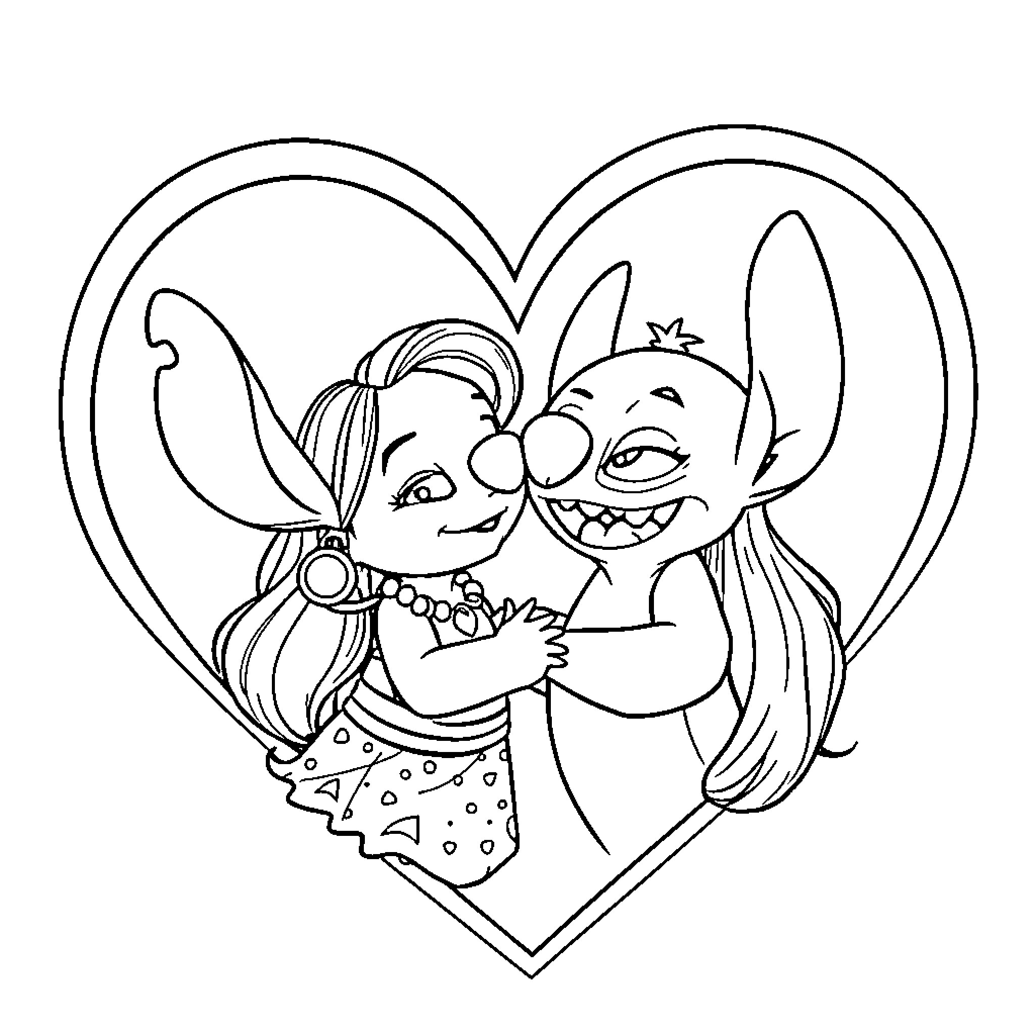 Moana and Stitch cuddling in a heart Coloring Page (free black-and-white line drawing printable PDF for all, from beginners to advanced learners, including children, teens, adults, and seniors)