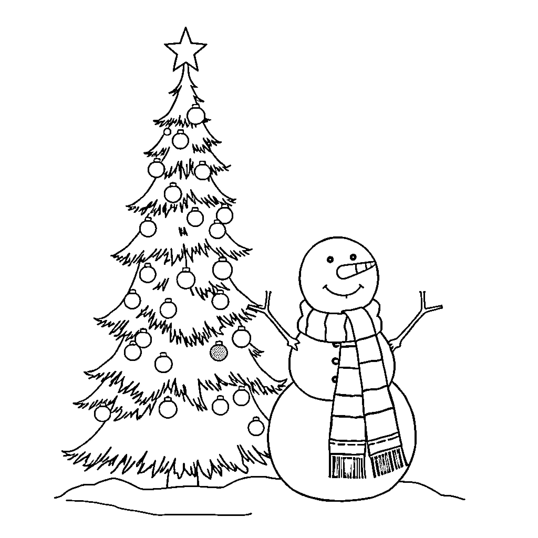 Christmas Tree with Joyful Snowman Coloring Page (free black-and-white line drawing printable PDF for all, from beginners to advanced learners, including children, teens, adults, and seniors)