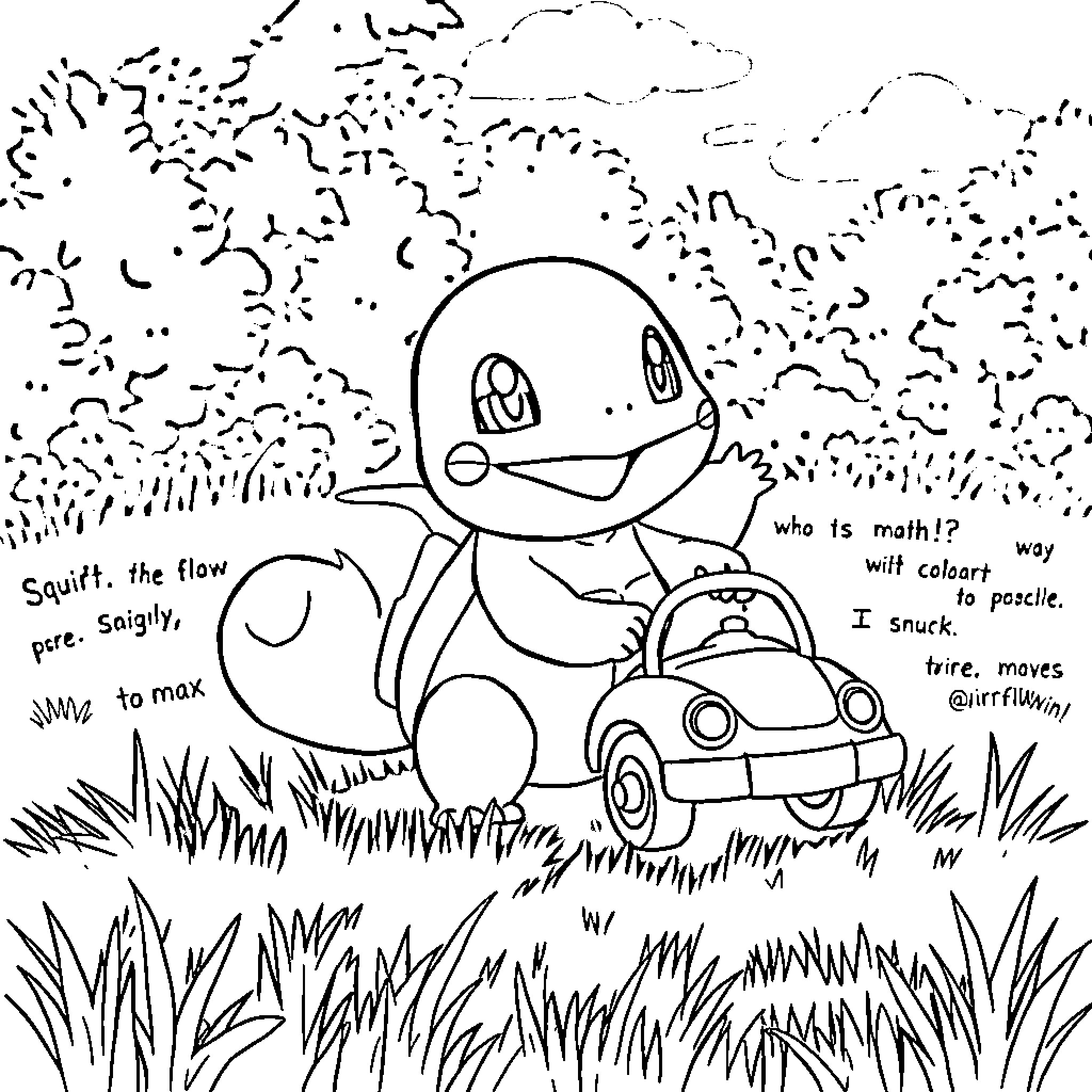 Squirtle journeying through the grassy field Coloring Page (free black-and-white line drawing printable PDF for all, from beginners to advanced learners, including children, teens, adults, and seniors)