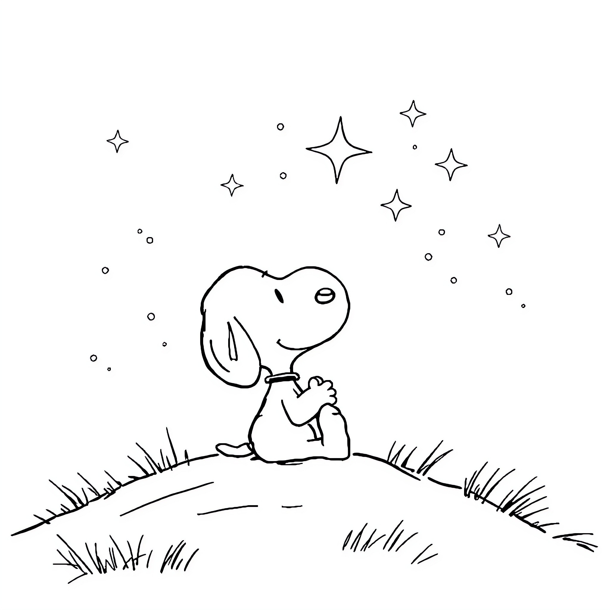 Snoopy gazing at the starry night sky Coloring Page (free black-and-white line drawing printable PDF for all, from beginners to advanced learners, including children, teens, adults, and seniors)
