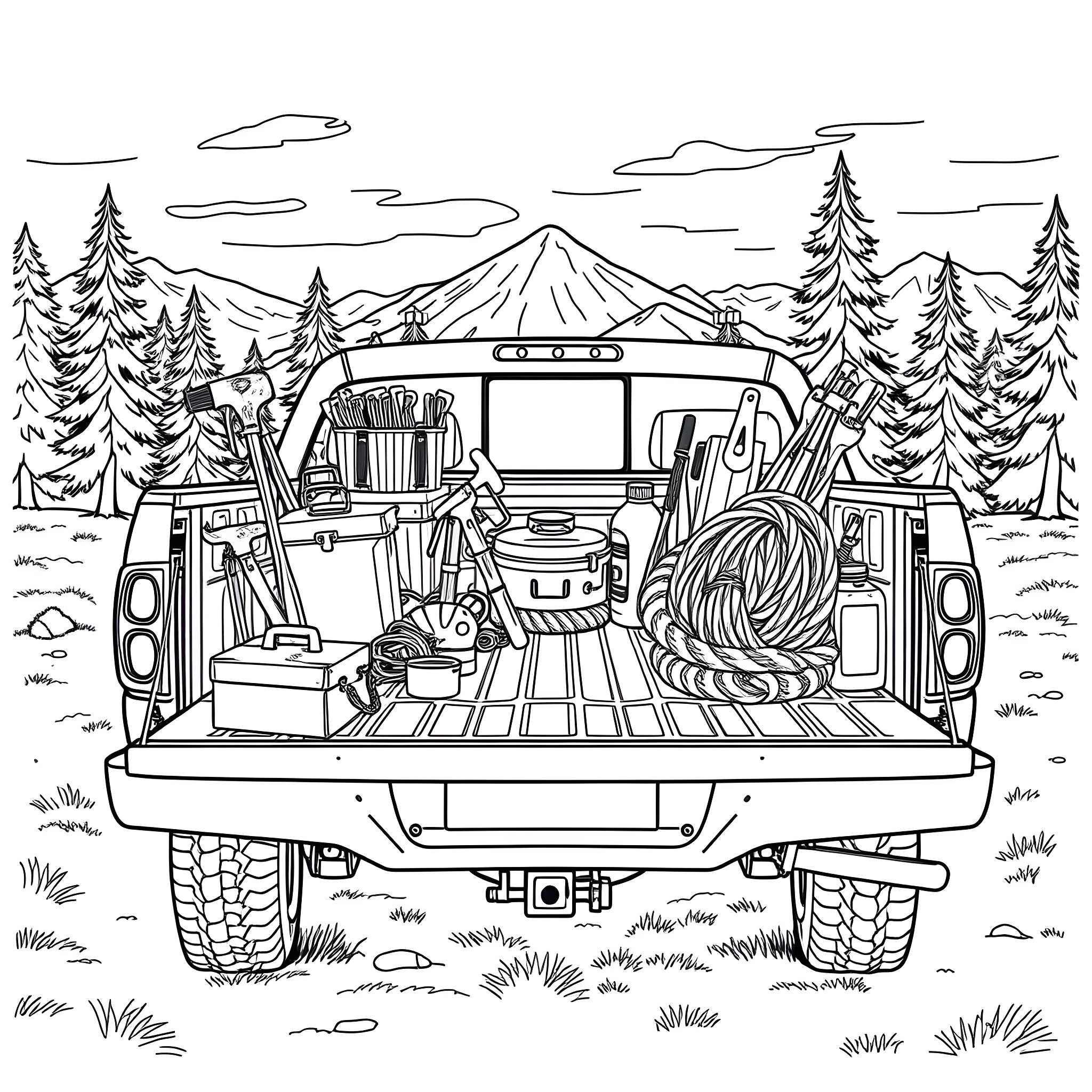 Truck camping in the wilderness Coloring Page (free black-and-white line drawing printable PDF for all, from beginners to advanced learners, including children, teens, adults, and seniors)