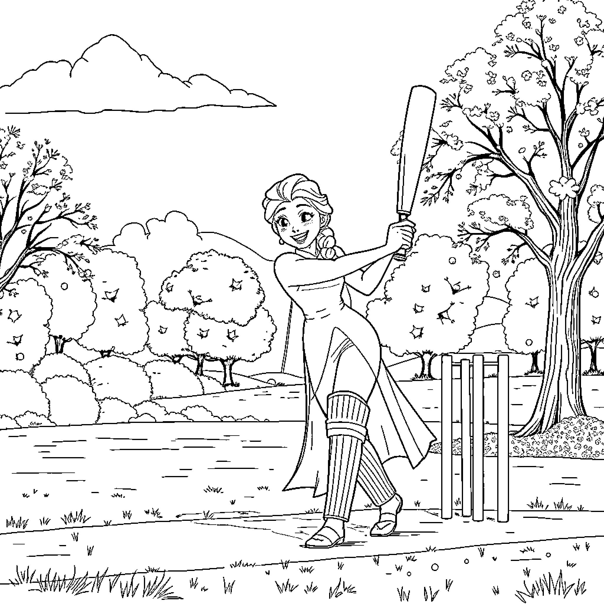 Elsa playing cricket in a scenic outdoor setting Coloring Page (free black-and-white line drawing printable PDF for all, from beginners to advanced learners, including children, teens, adults, and seniors)