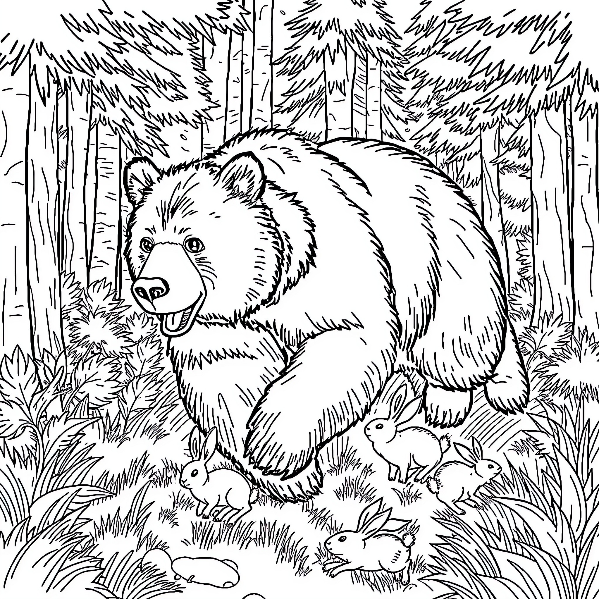 Bear Exploring the Woodland Habitat Coloring Page (free black-and-white line drawing printable PDF for all, from beginners to advanced learners, including children, teens, adults, and seniors)