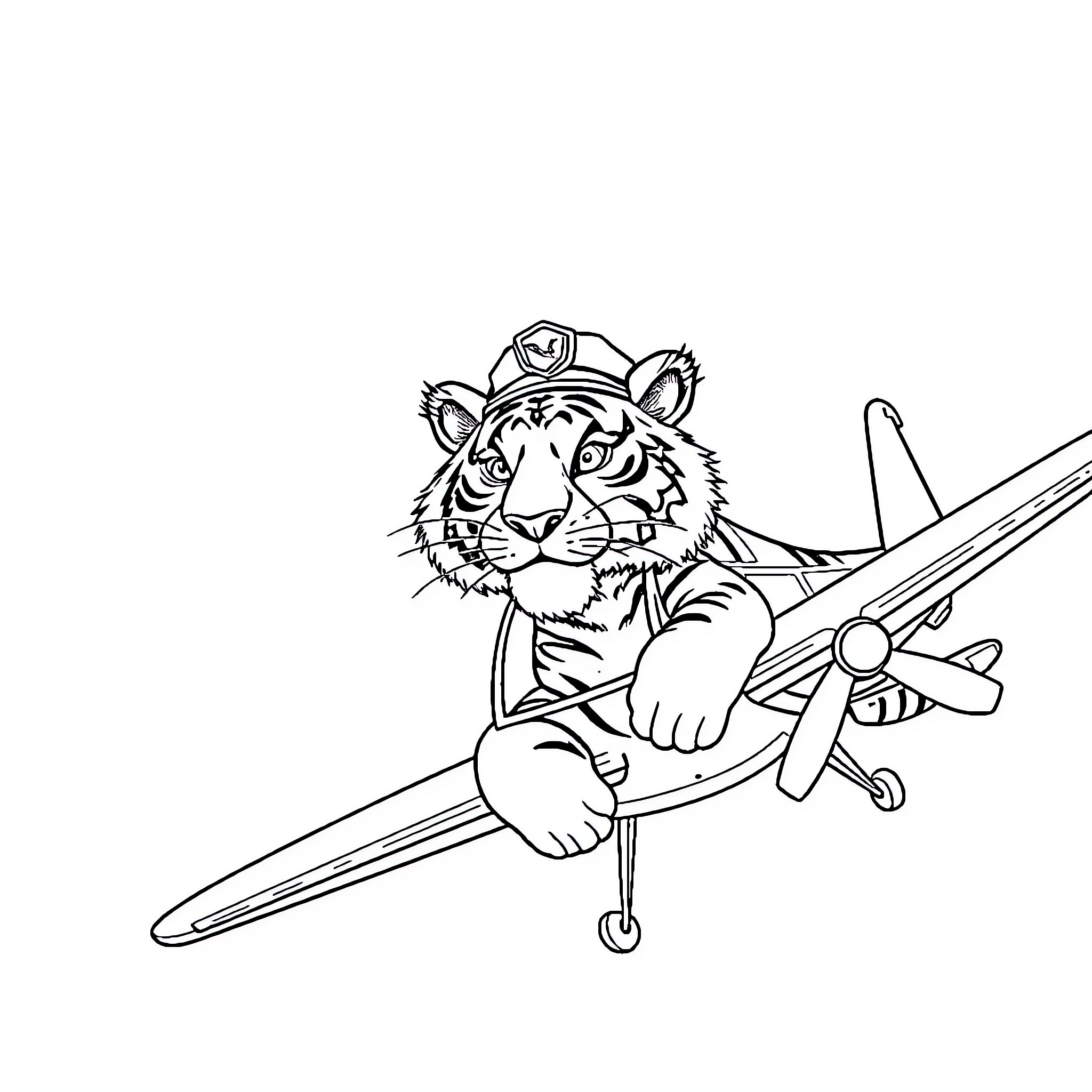 Tiger Pilot Flying an Airplane Coloring Page (free black-and-white line drawing printable PDF for all, from beginners to advanced learners, including children, teens, adults, and seniors)