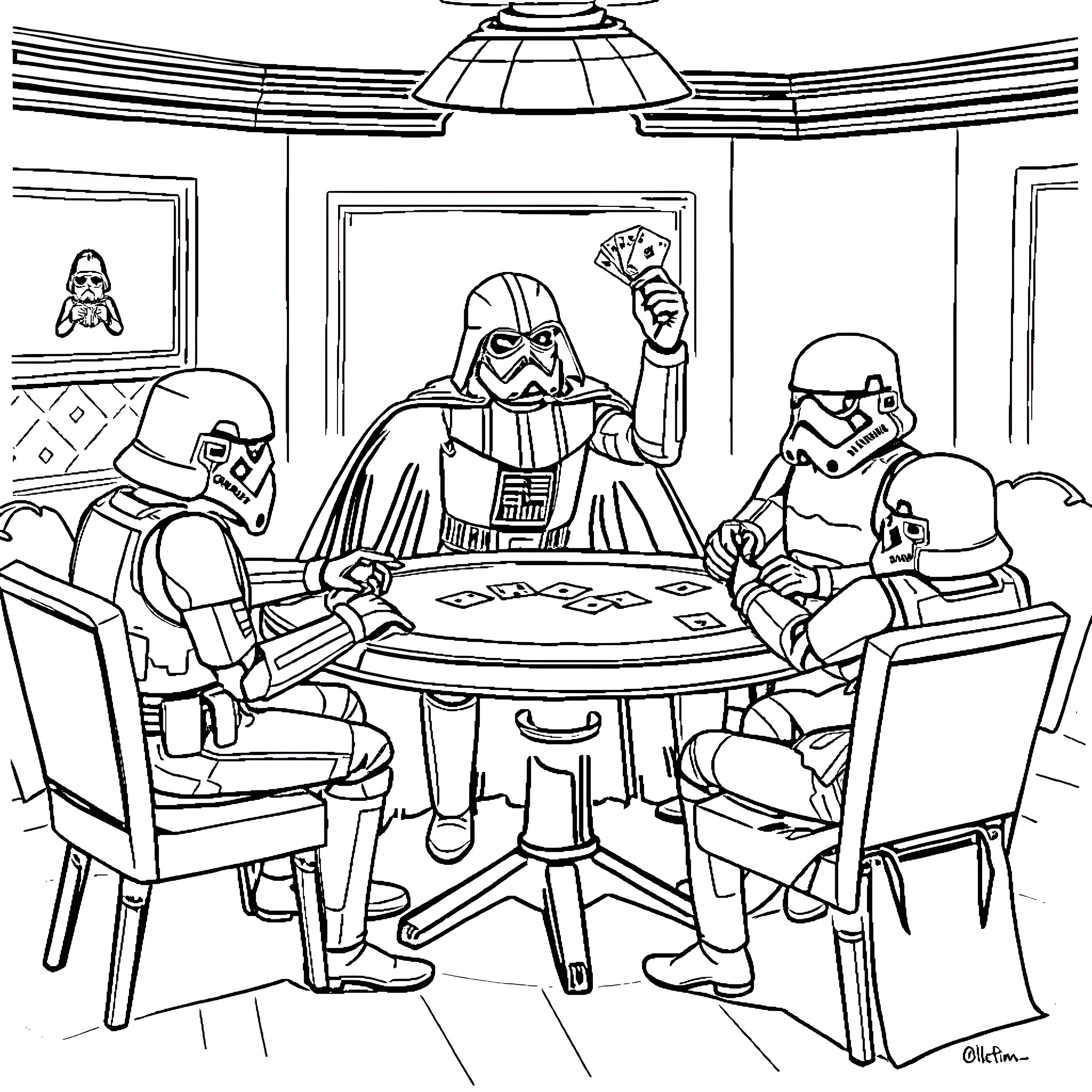 Darth Vader plays cards with Stormtroopers in futuristic setting Coloring Page (free black-and-white line drawing printable PDF for all, from beginners to advanced learners, including children, teens, adults, and seniors)