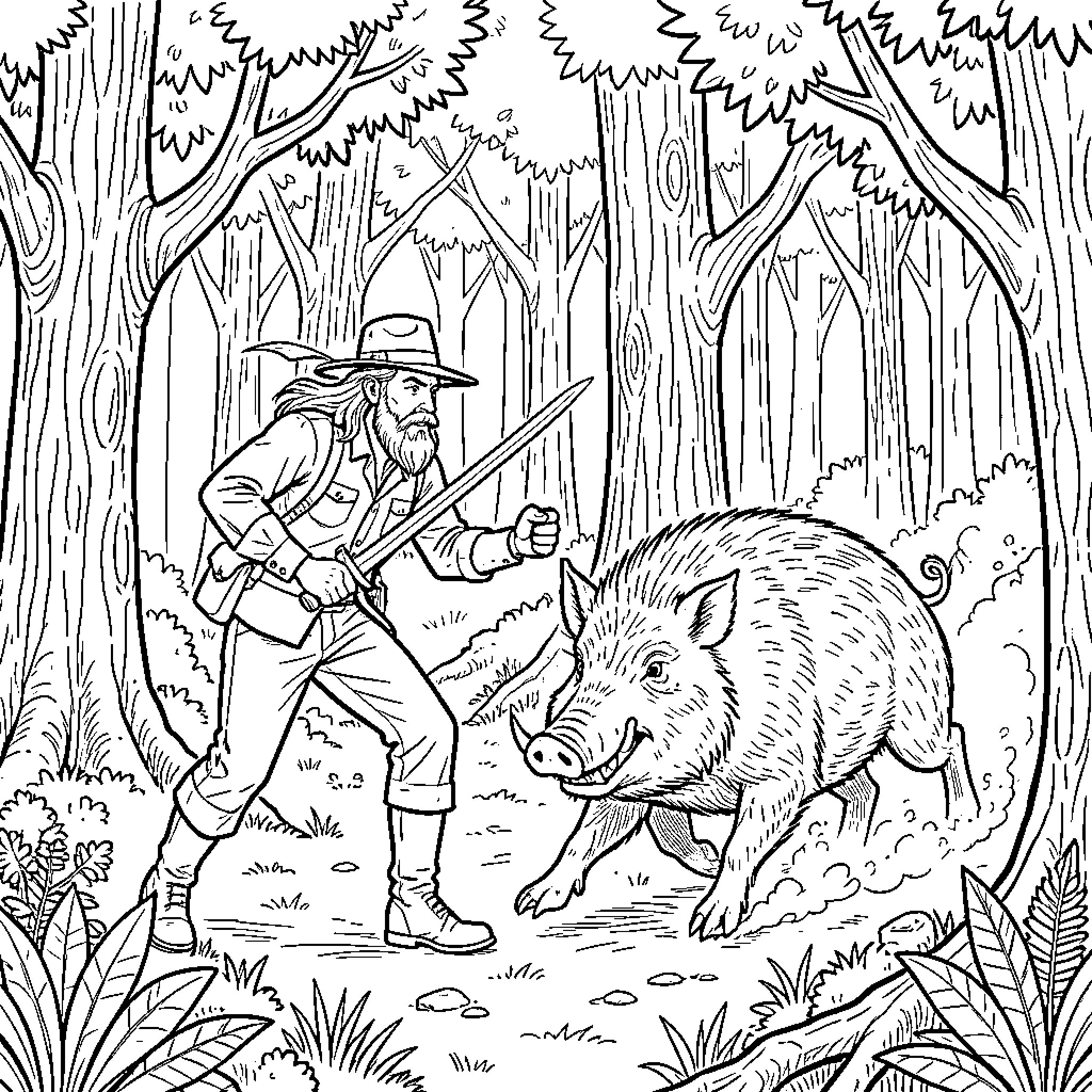 Jabalí: Hunter Encounters a Wild Boar in the Forest Coloring Page (free black-and-white line drawing printable PDF for all, from beginners to advanced learners, including children, teens, adults, and seniors)