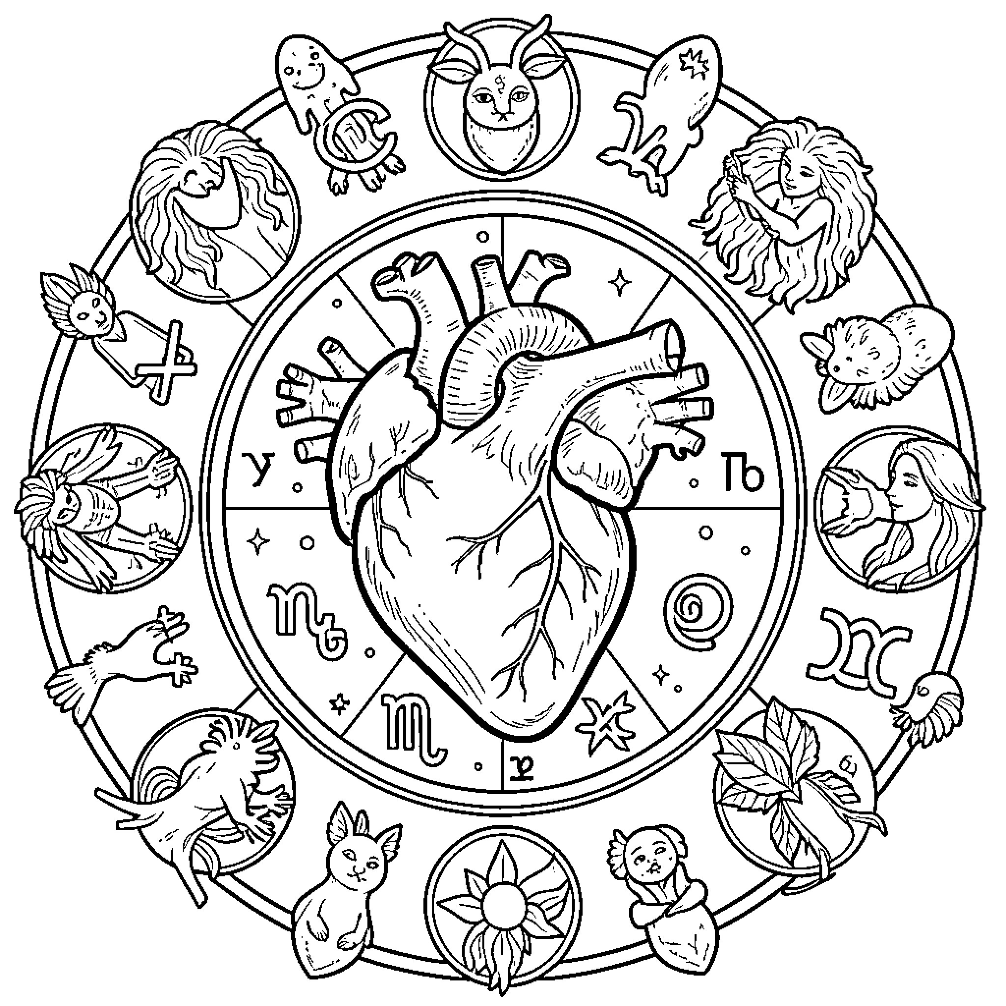 Heart surrounded by zodiac symbols and celestial characters Coloring Page (free black-and-white line drawing printable PDF for all, from beginners to advanced learners, including children, teens, adults, and seniors)