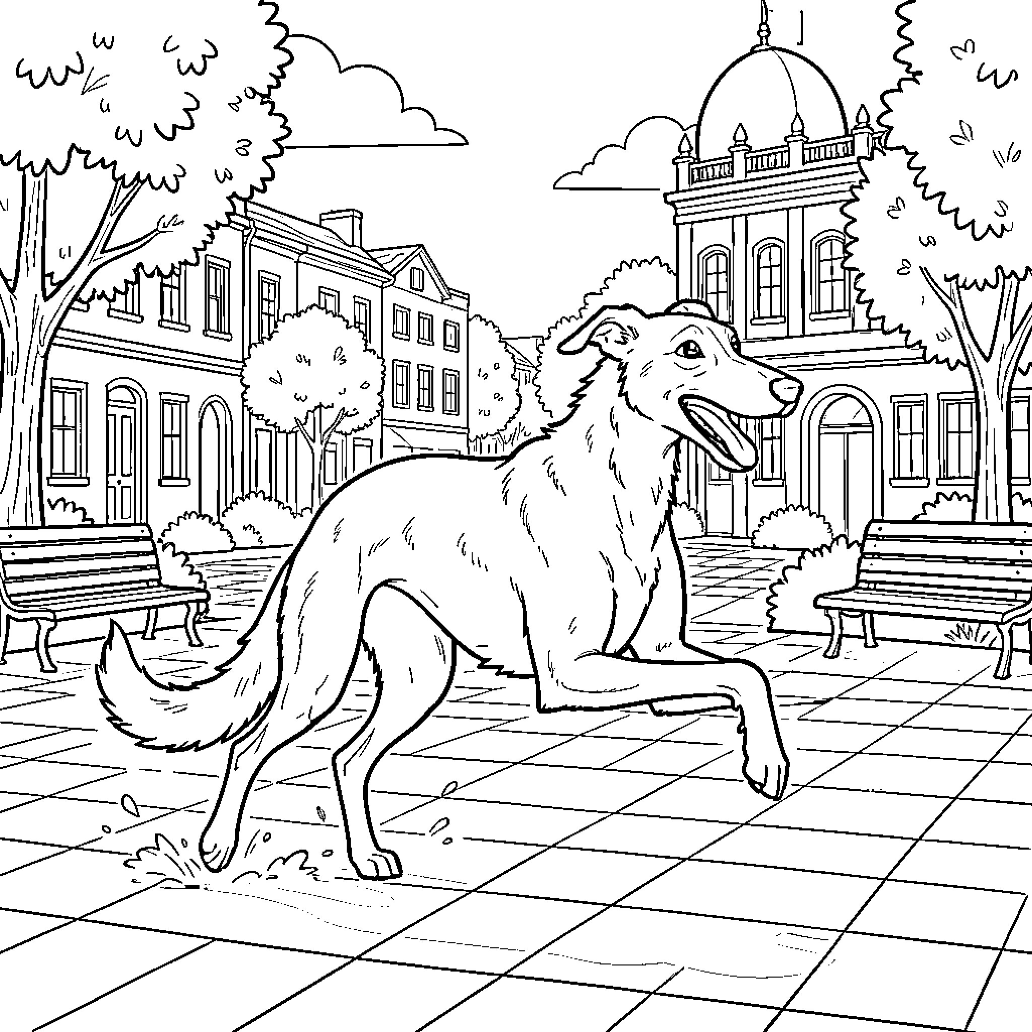 Galgo exploring the charming city landscape Coloring Page (free black-and-white line drawing printable PDF for all, from beginners to advanced learners, including children, teens, adults, and seniors)