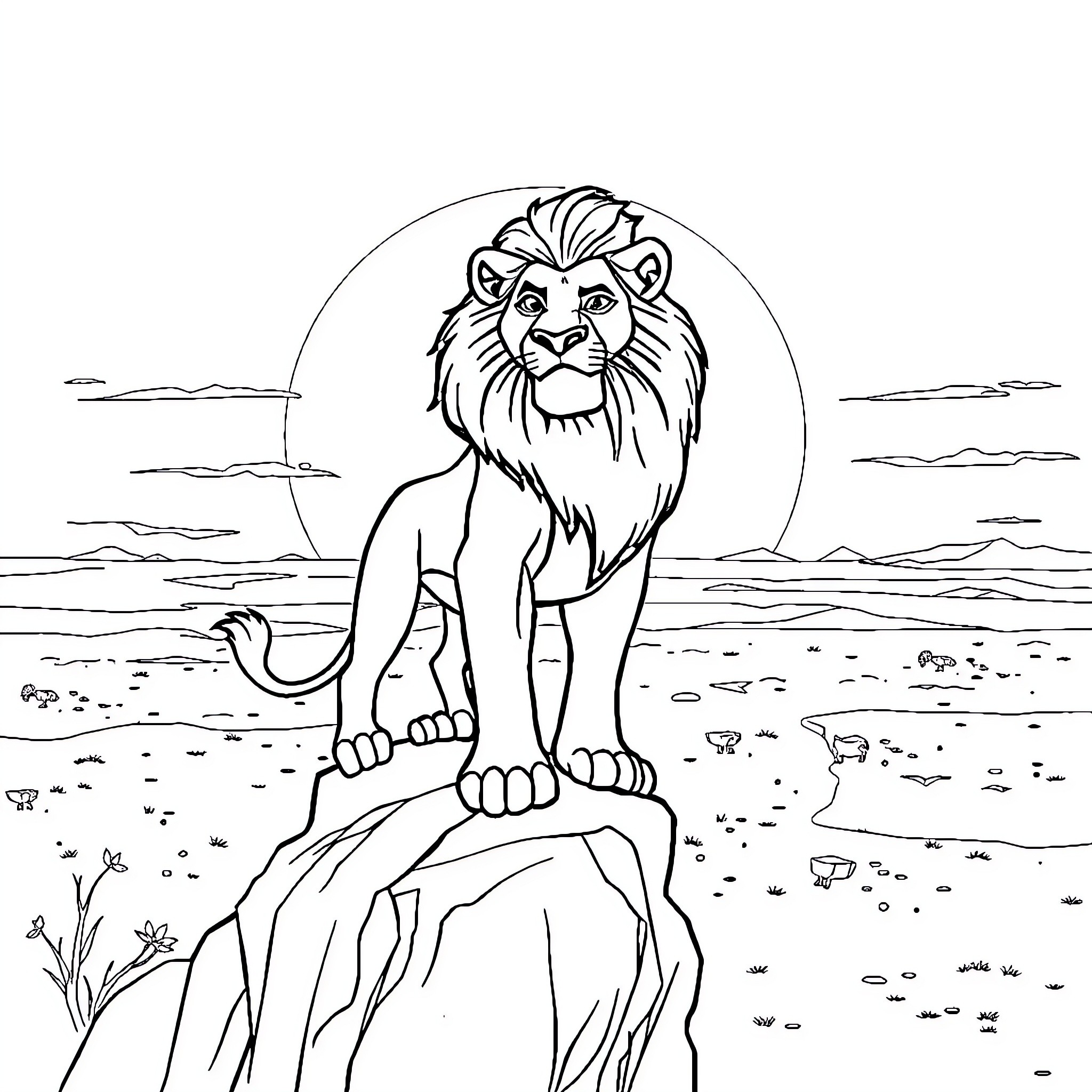 Lion Majestic and Proud on the Savanna Coloring Page (free black-and-white line drawing printable PDF for all, from beginners to advanced learners, including children, teens, adults, and seniors)