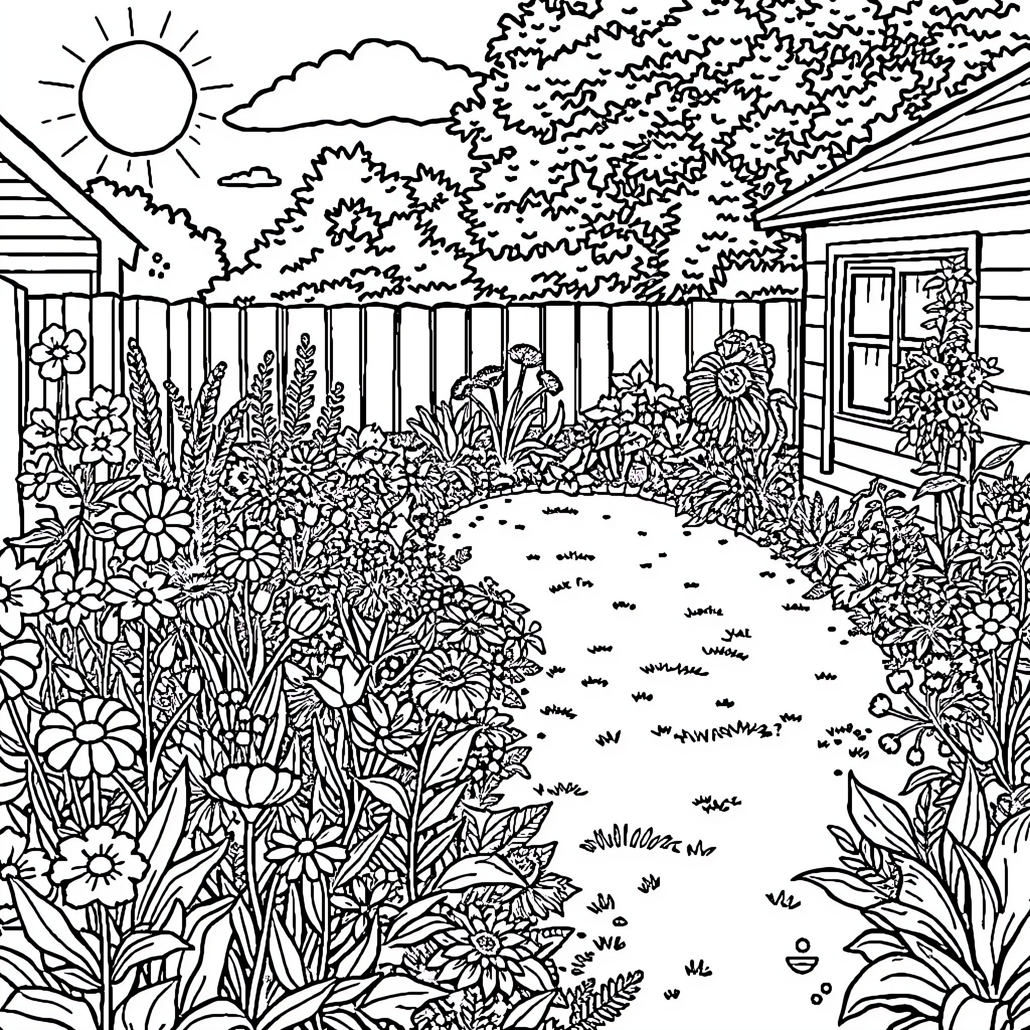 Flower garden in the countryside Coloring Page (free black-and-white line drawing printable PDF for all, from beginners to advanced learners, including children, teens, adults, and seniors)
