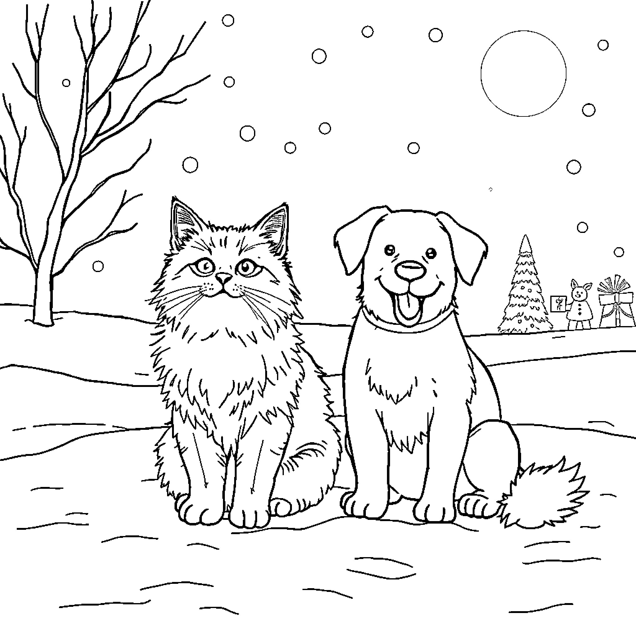 Cat and Dog playing together in winter Coloring Page (free black-and-white line drawing printable PDF for all, from beginners to advanced learners, including children, teens, adults, and seniors)