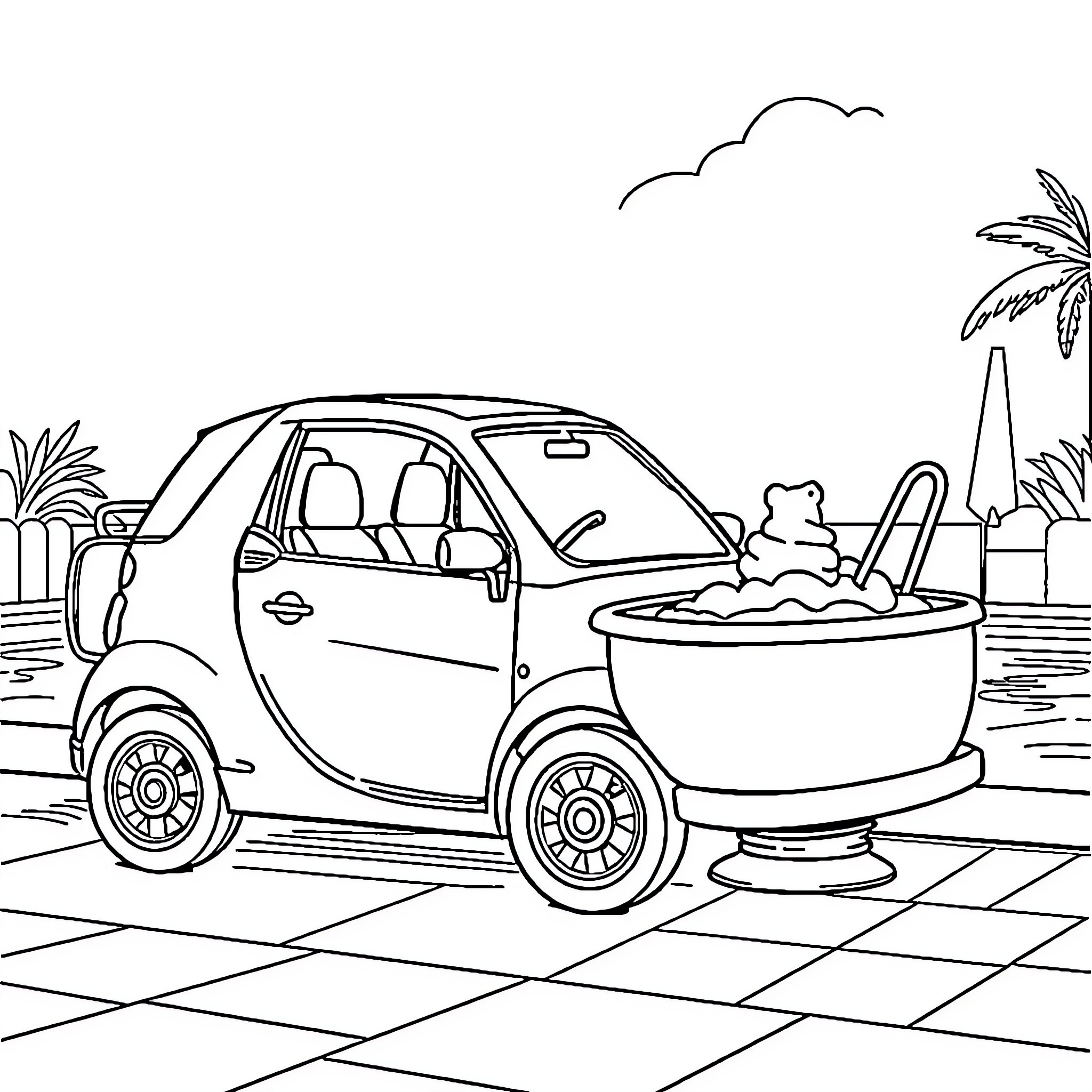 Mini Car Cruising with a Hot Tub Coloring Page (free black-and-white line drawing printable PDF for all, from beginners to advanced learners, including children, teens, adults, and seniors)