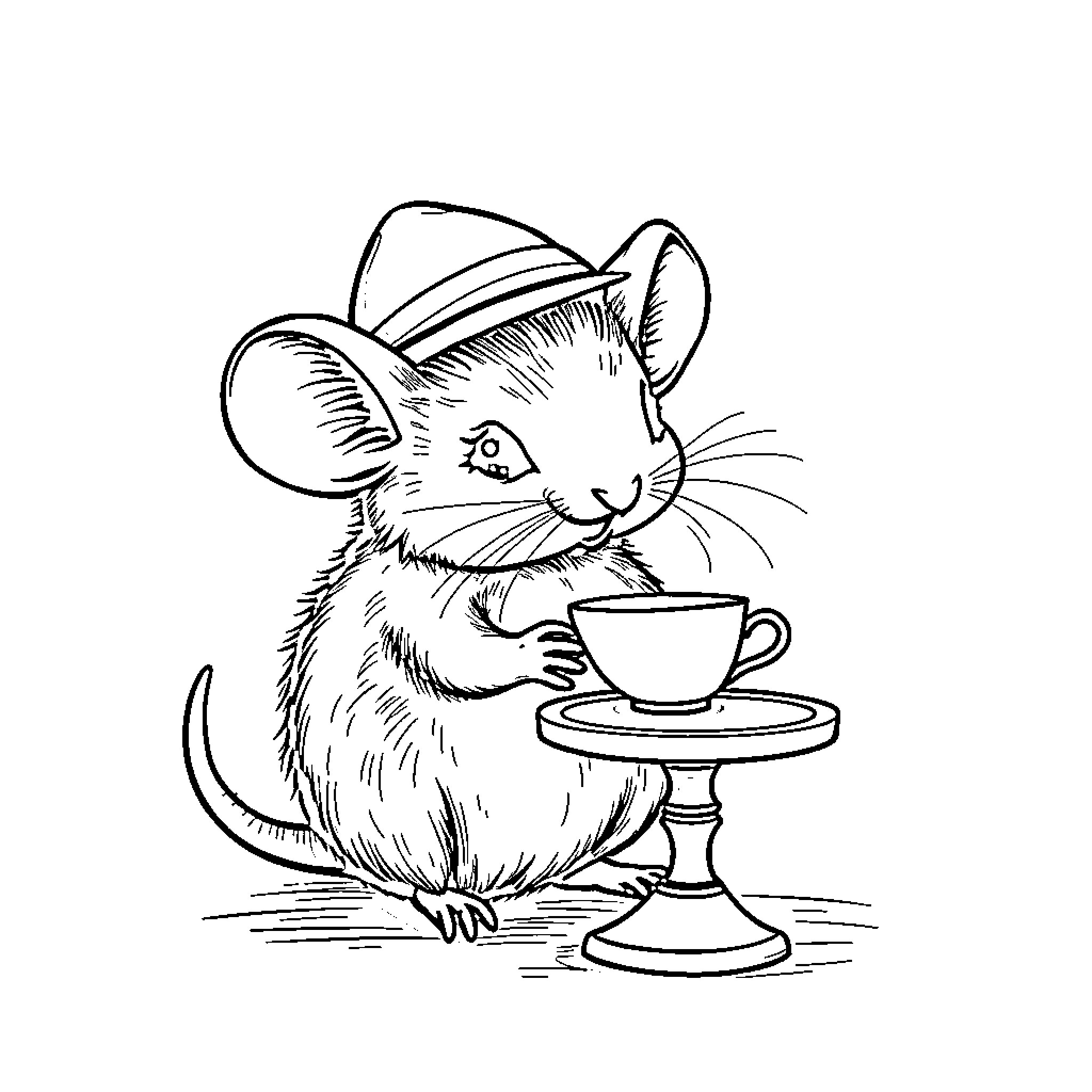 Mouse enjoying a cup of tea in a cozy setting Coloring Page (free black-and-white line drawing printable PDF for all, from beginners to advanced learners, including children, teens, adults, and seniors)