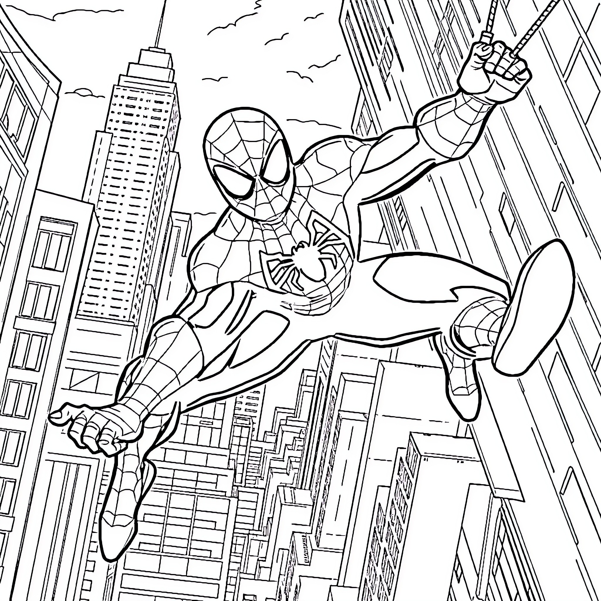 Miles Morales Spider-Man Swinging through the City Coloring Page (free black-and-white line drawing printable PDF for all, from beginners to advanced learners, including children, teens, adults, and seniors)