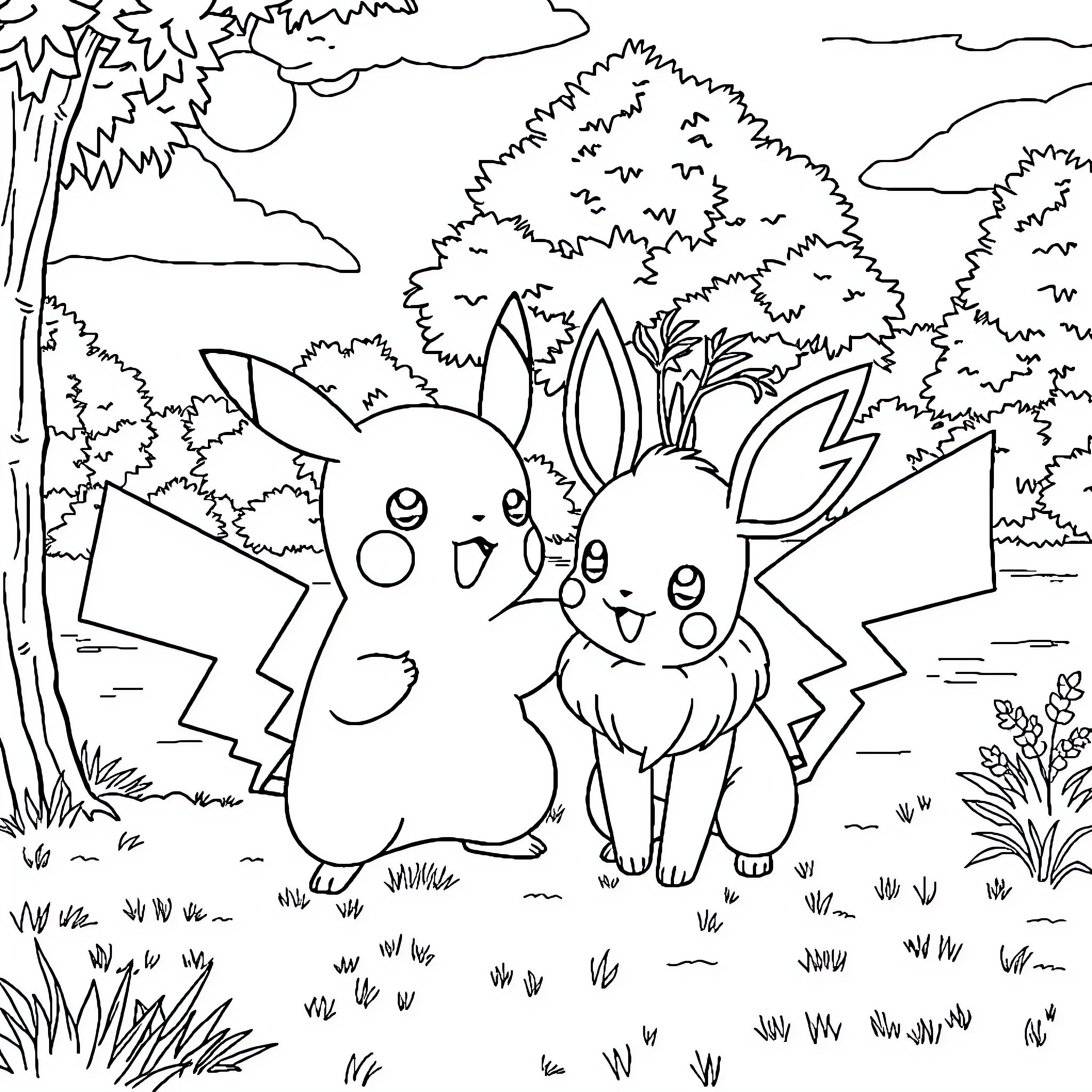 Pikachu and Friends Enjoying Nature Coloring Page (free black-and-white line drawing printable PDF for all, from beginners to advanced learners, including children, teens, adults, and seniors)