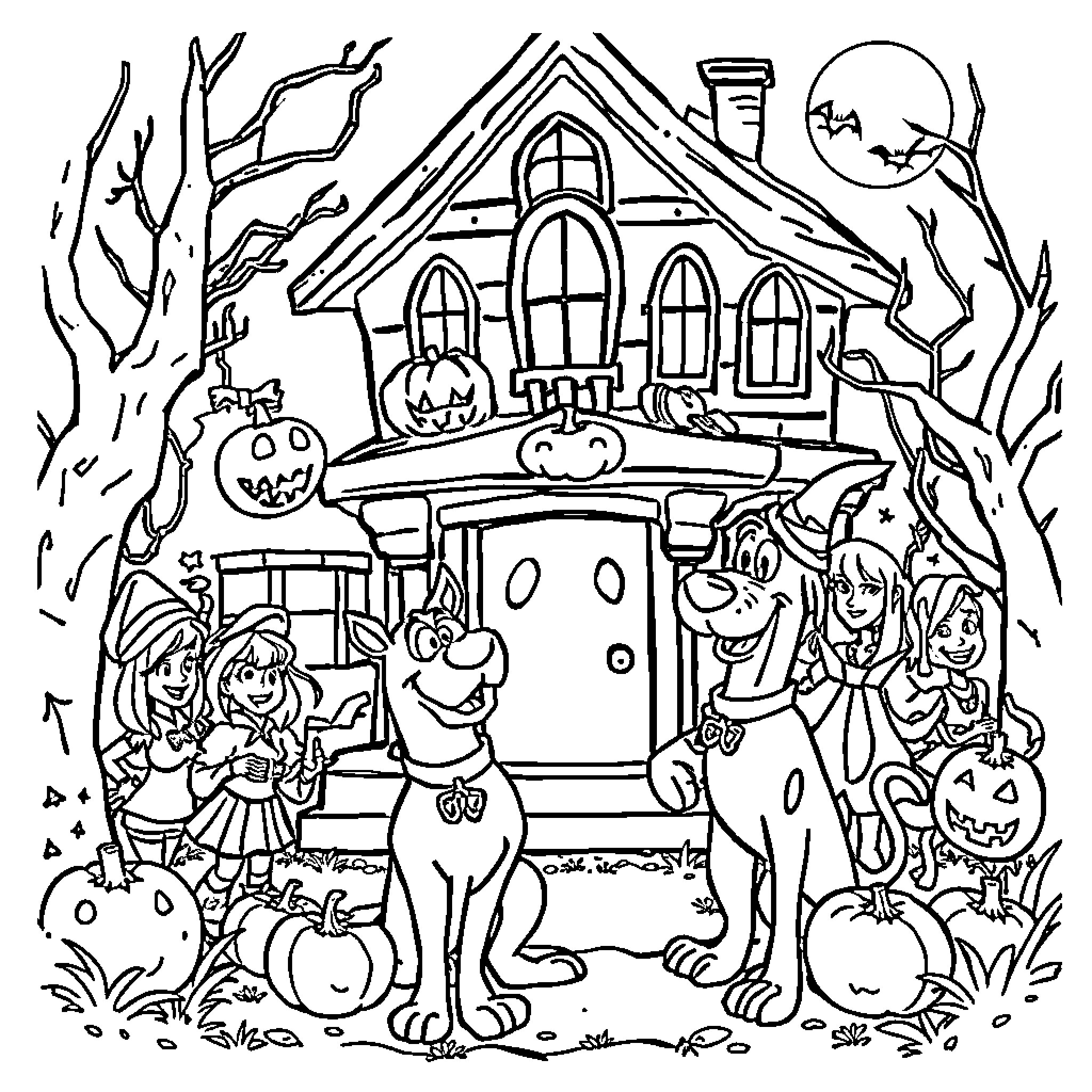 Scooby Doo Trick-or-Treating at a Haunted House Coloring Page (free black-and-white line drawing printable PDF for all, from beginners to advanced learners, including children, teens, adults, and seniors)