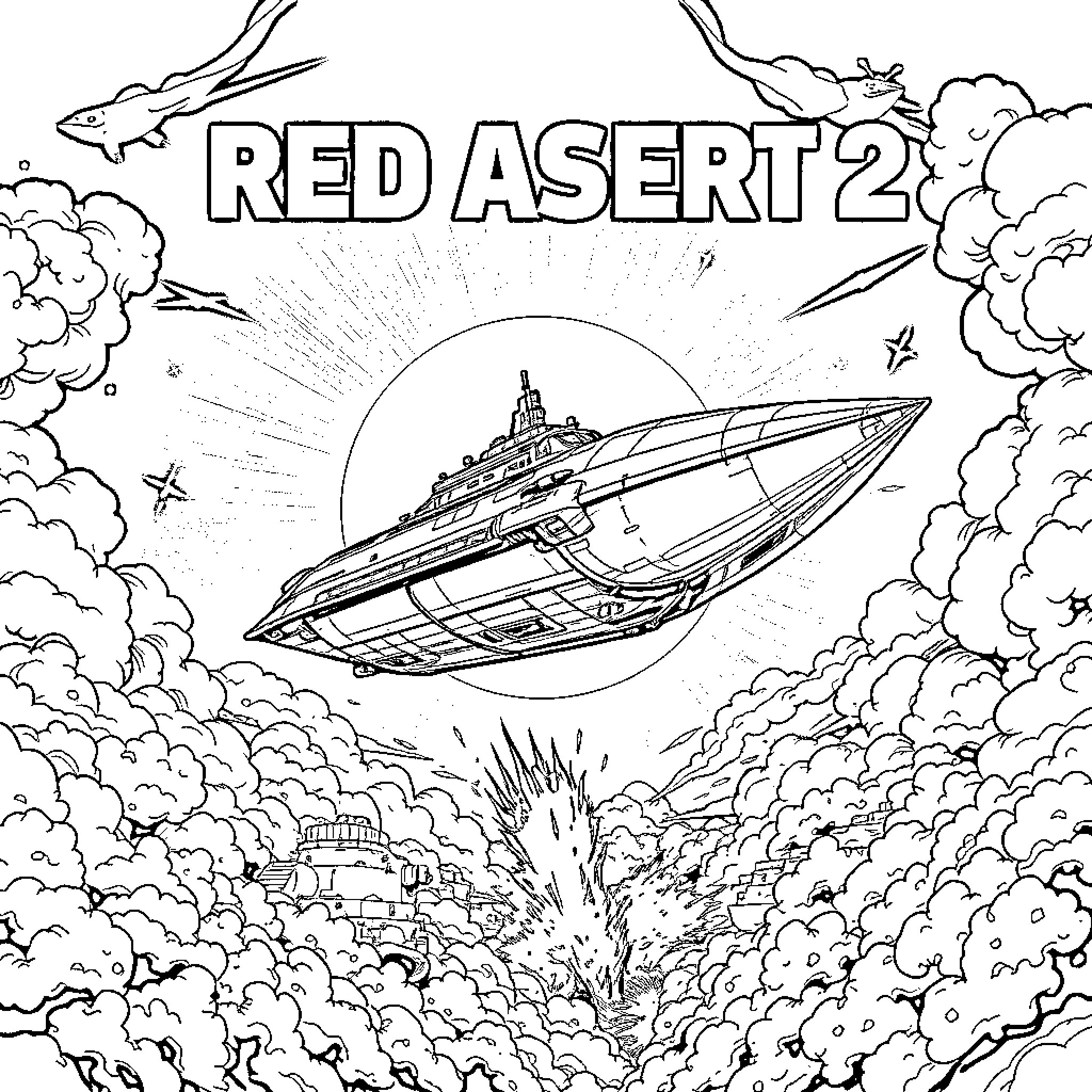 Kirov's Futuristic Desert Spacecraft Voyage Coloring Page (free black-and-white line drawing printable PDF for all, from beginners to advanced learners, including children, teens, adults, and seniors)