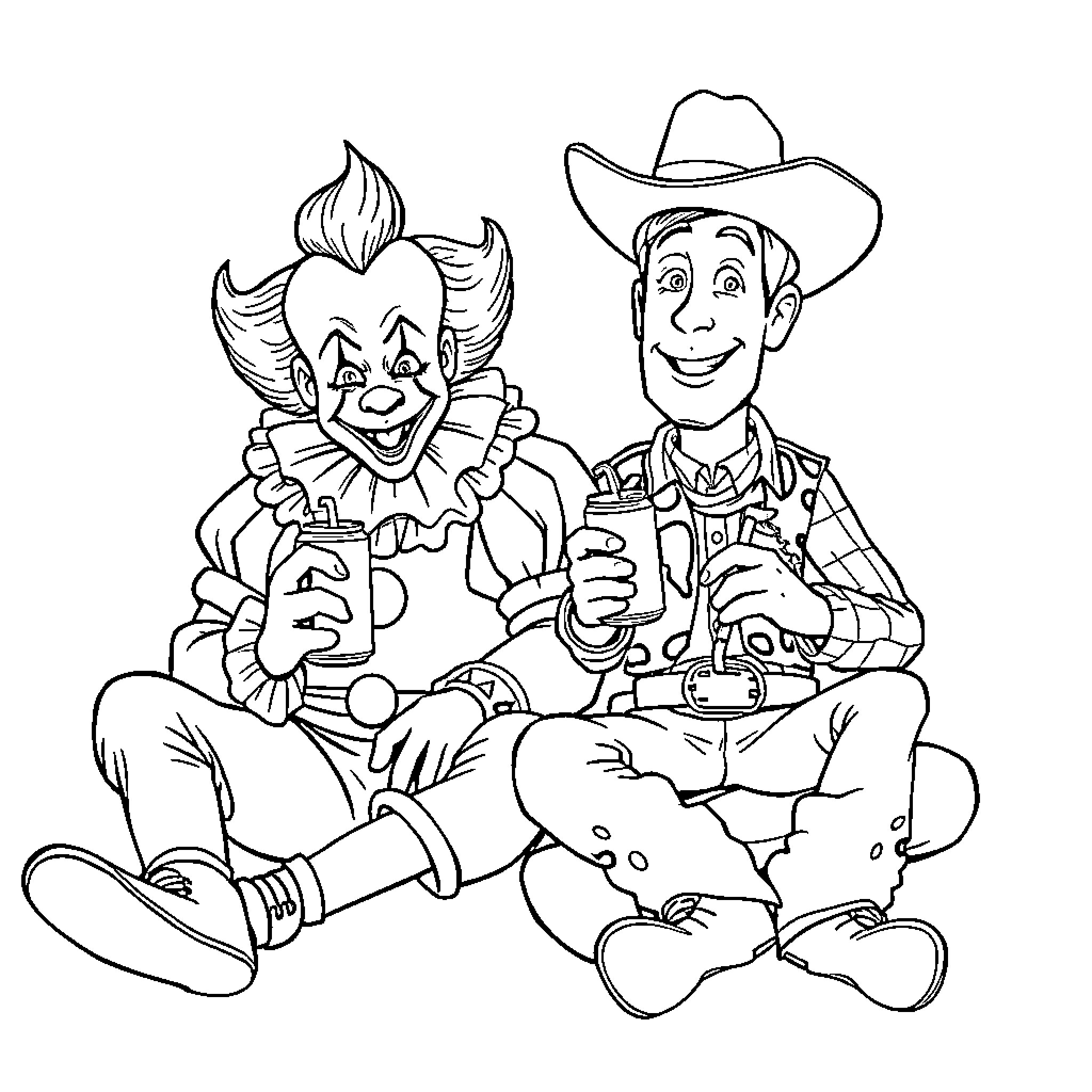 Pennywise and Cowboy Hanging Out Playfully Coloring Page (free black-and-white line drawing printable PDF for all, from beginners to advanced learners, including children, teens, adults, and seniors)