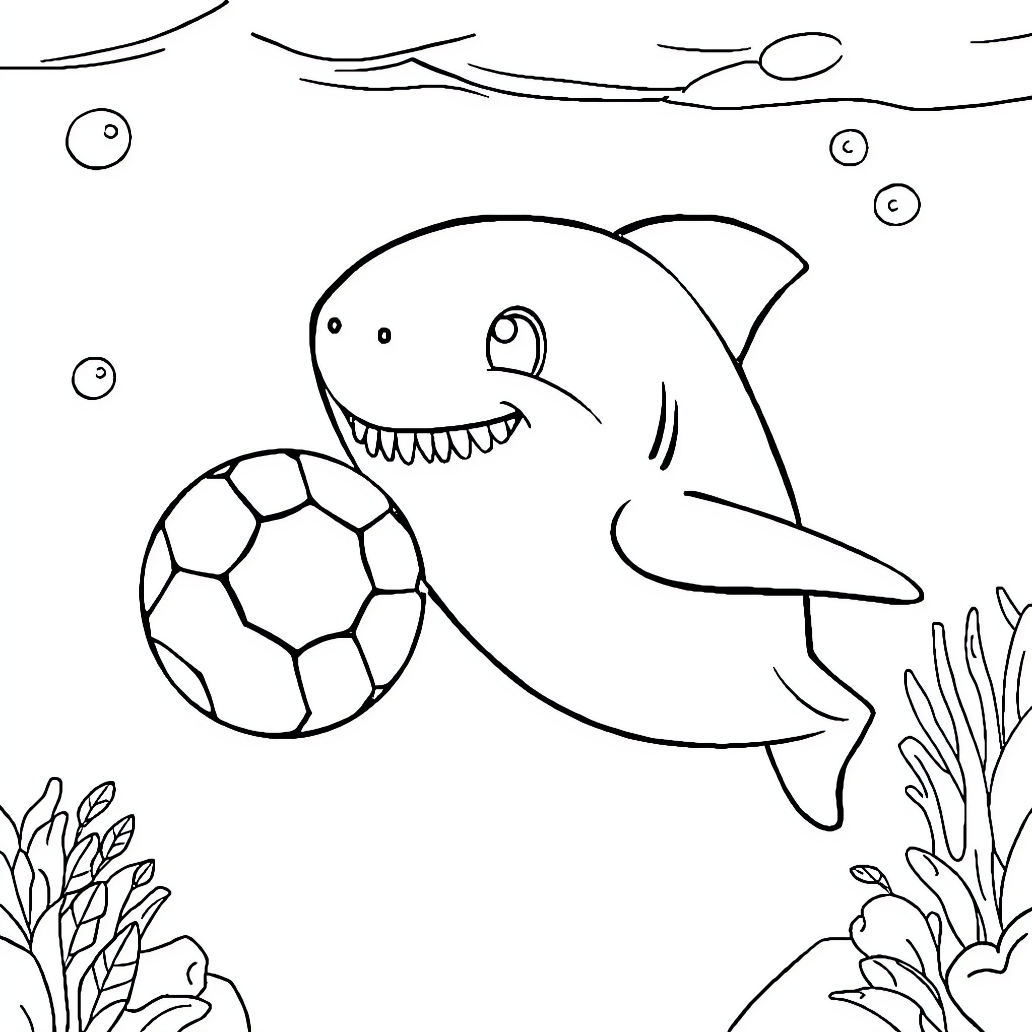 Shark playing with a soccer ball underwater Coloring Page (free black-and-white line drawing printable PDF for all, from beginners to advanced learners, including children, teens, adults, and seniors)
