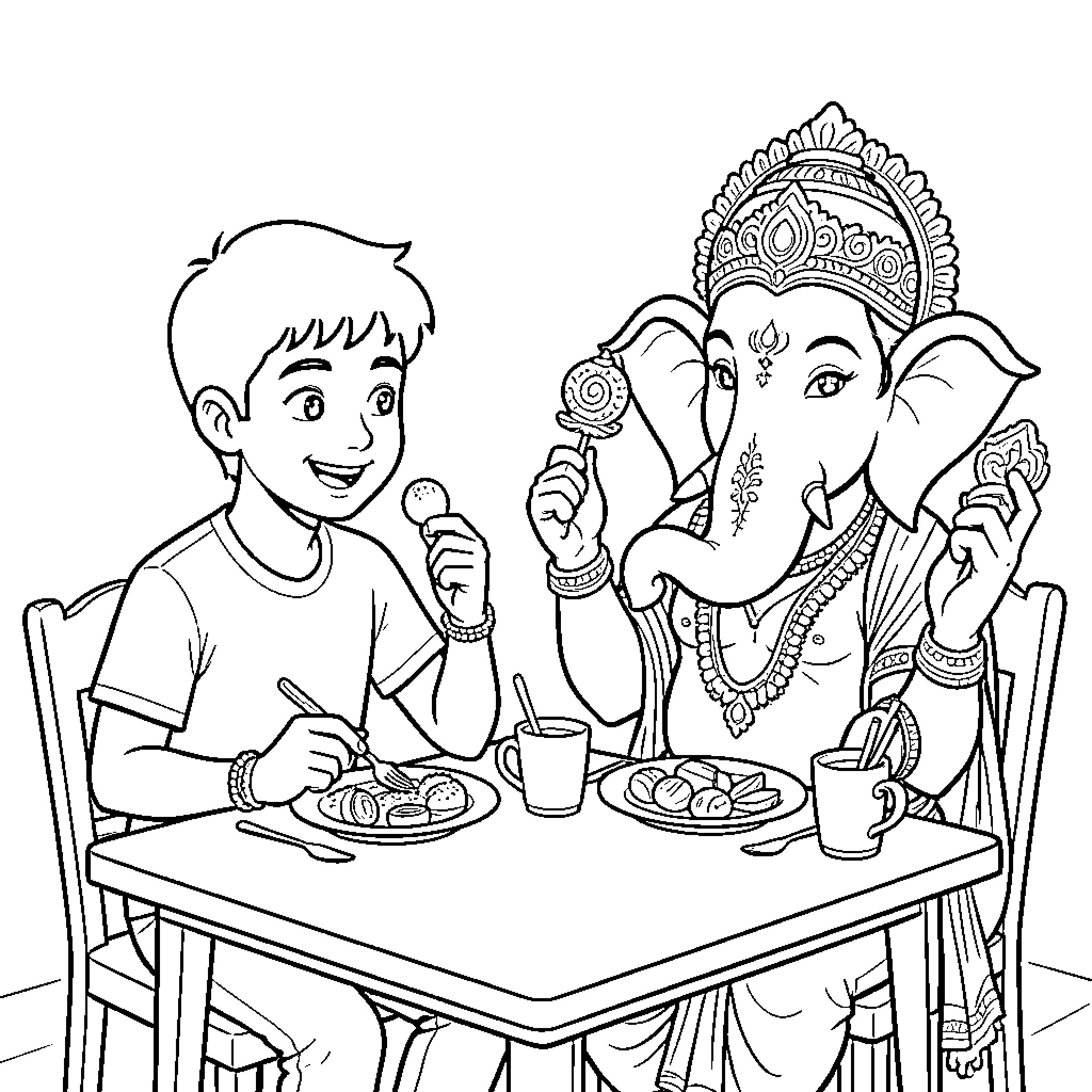 Student sharing snacks with the deity Ganesha Coloring Page (free black-and-white line drawing printable PDF for all, from beginners to advanced learners, including children, teens, adults, and seniors)