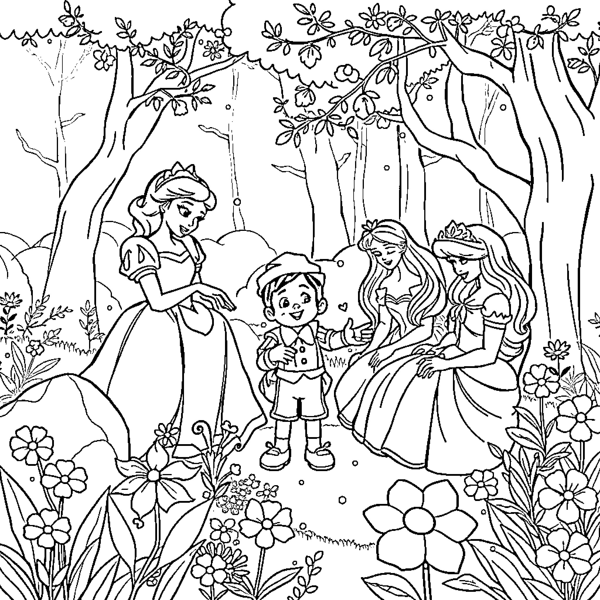 Fairy Tale Characters in a Whimsical Forest Scene Coloring Page (free black-and-white line drawing printable PDF for all, from beginners to advanced learners, including children, teens, adults, and seniors)