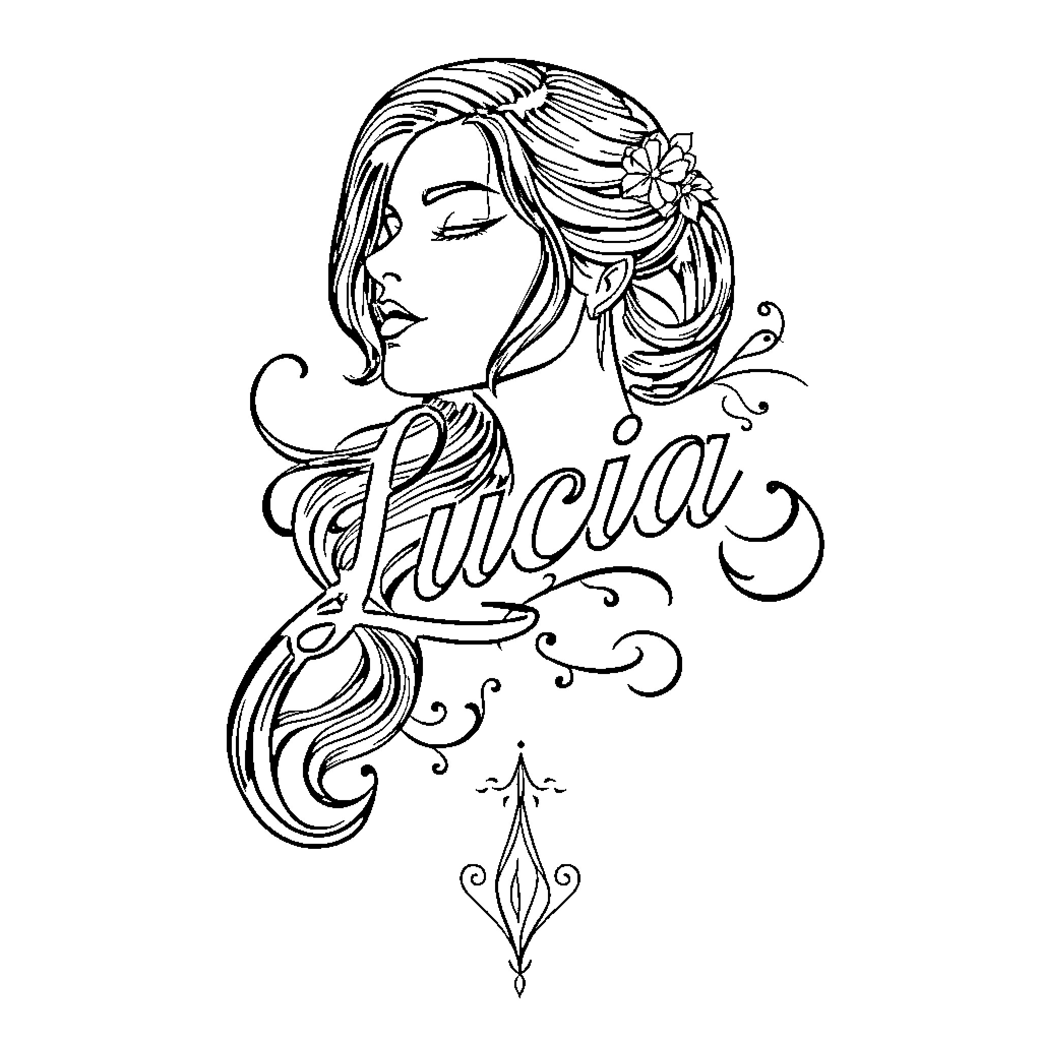 Lucia's Flowing Locks and Floral Adornment Coloring Page (free black-and-white line drawing printable PDF for all, from beginners to advanced learners, including children, teens, adults, and seniors)