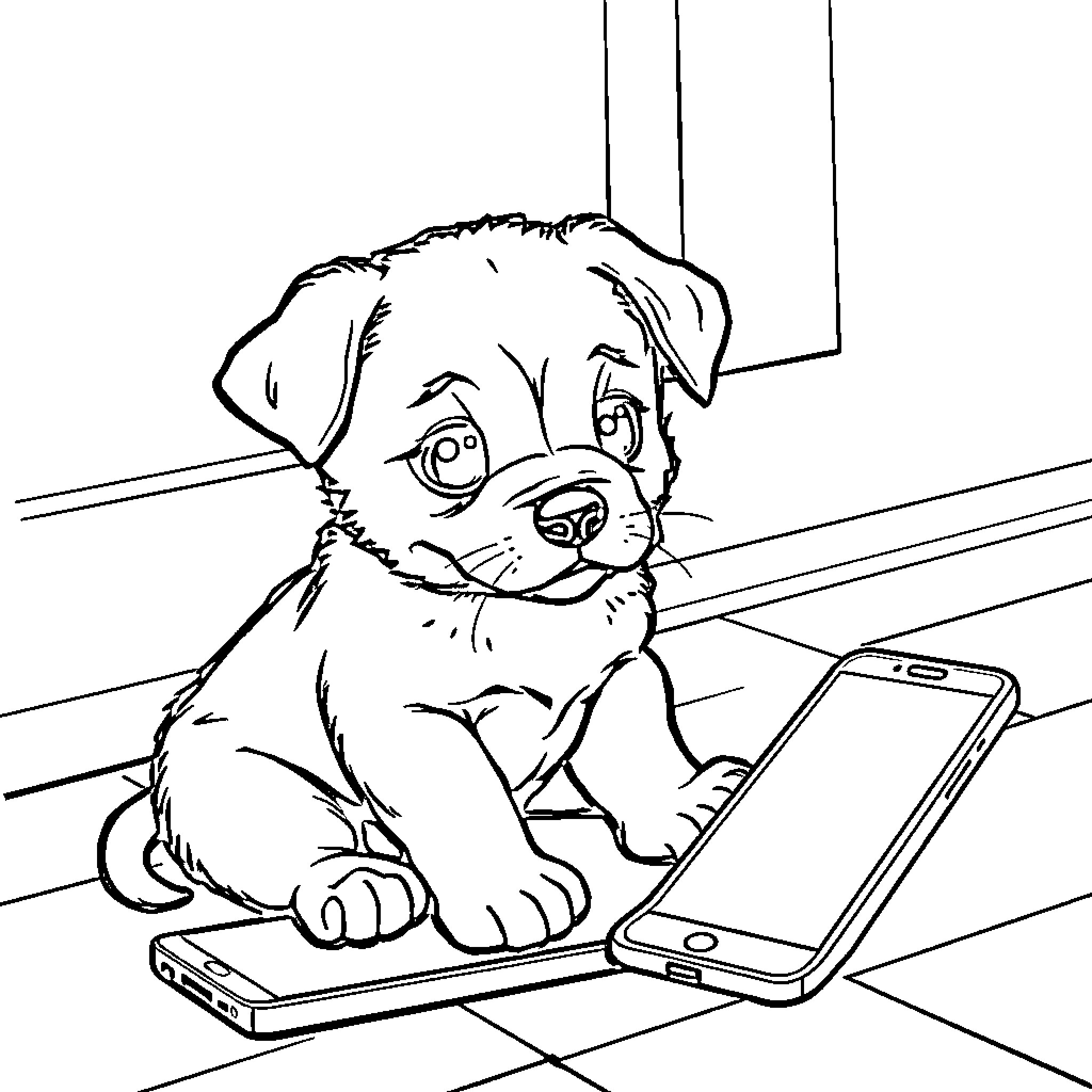 Puppy playing with smartphone Coloring Page (free black-and-white line drawing printable PDF for all, from beginners to advanced learners, including children, teens, adults, and seniors)