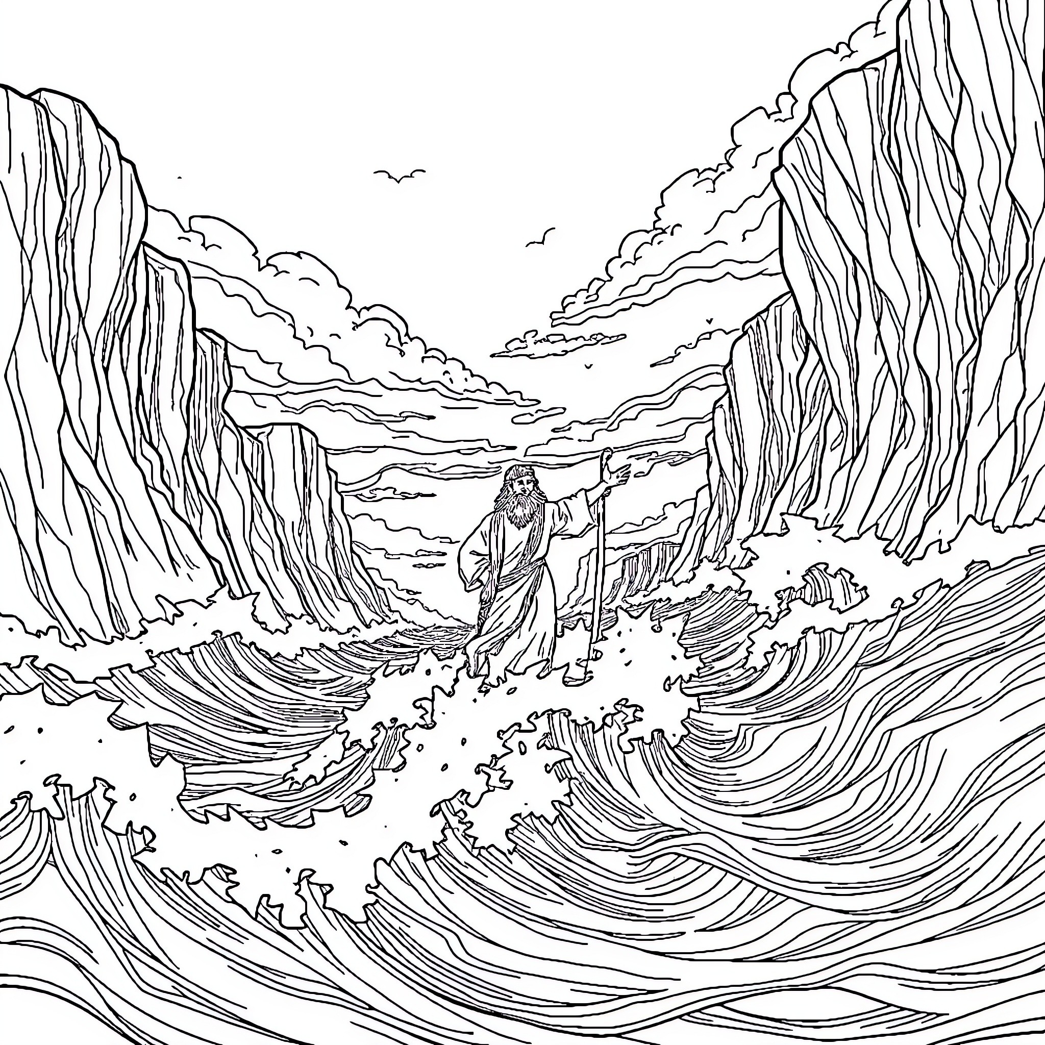 Moses parting the Red Sea with dramatic clouds and waves Coloring Page (free black-and-white line drawing printable PDF for all, from beginners to advanced learners, including children, teens, adults, and seniors)