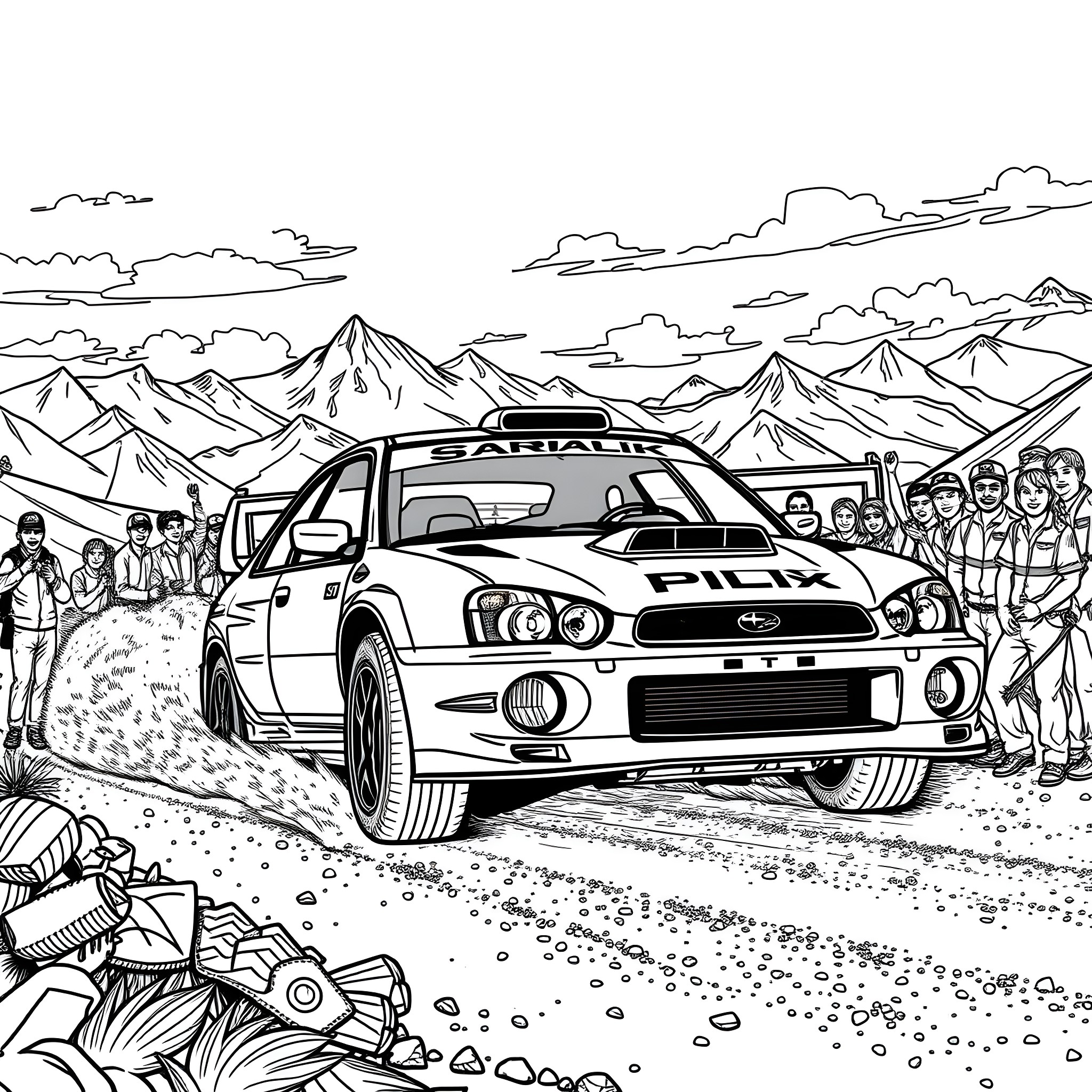 Subaru Rally Car Racing Through Rugged Terrain Coloring Page (free black-and-white line drawing printable PDF for all, from beginners to advanced learners, including children, teens, adults, and seniors)