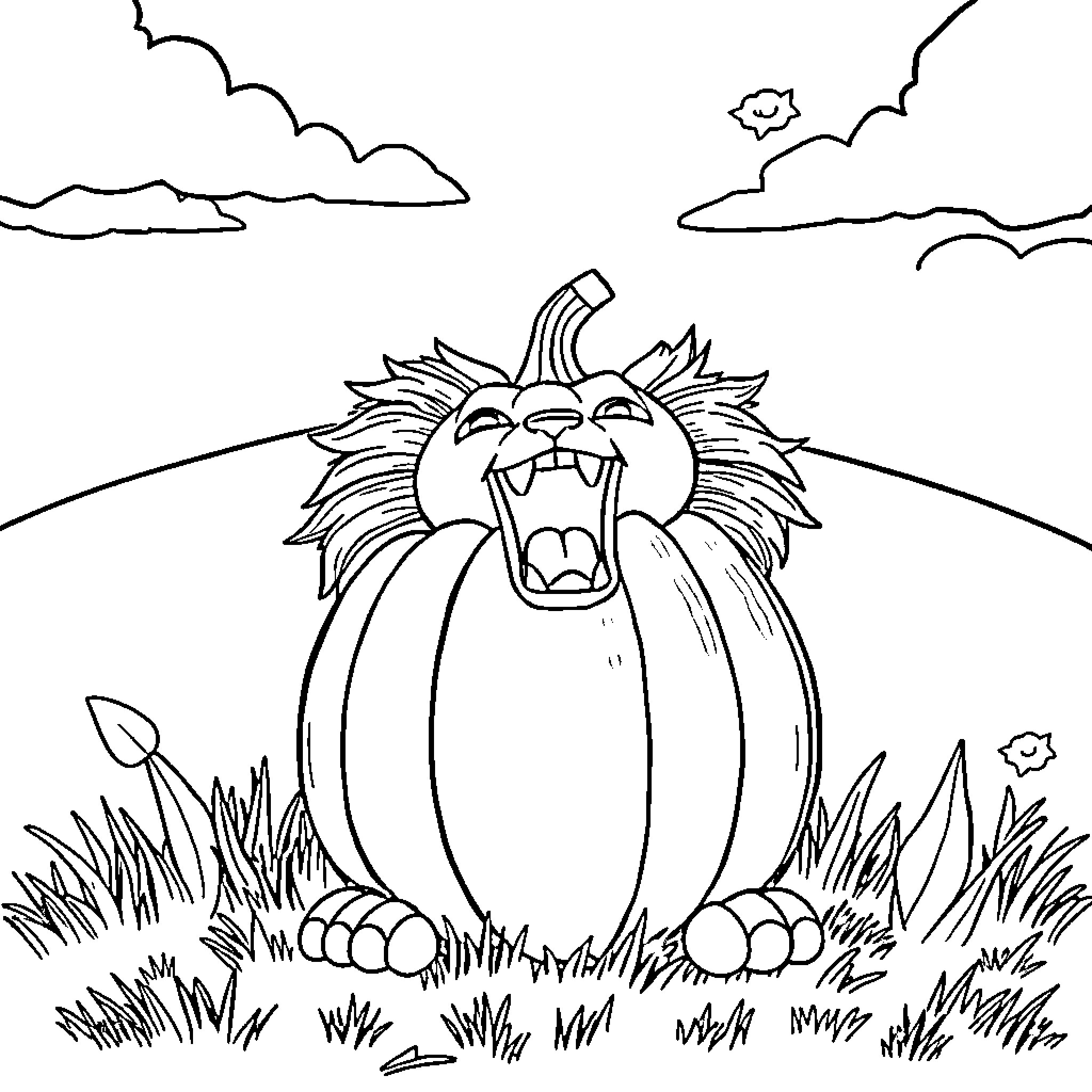 Pumpkin with a roaring lion face in a field Coloring Page (free black-and-white line drawing printable PDF for all, from beginners to advanced learners, including children, teens, adults, and seniors)