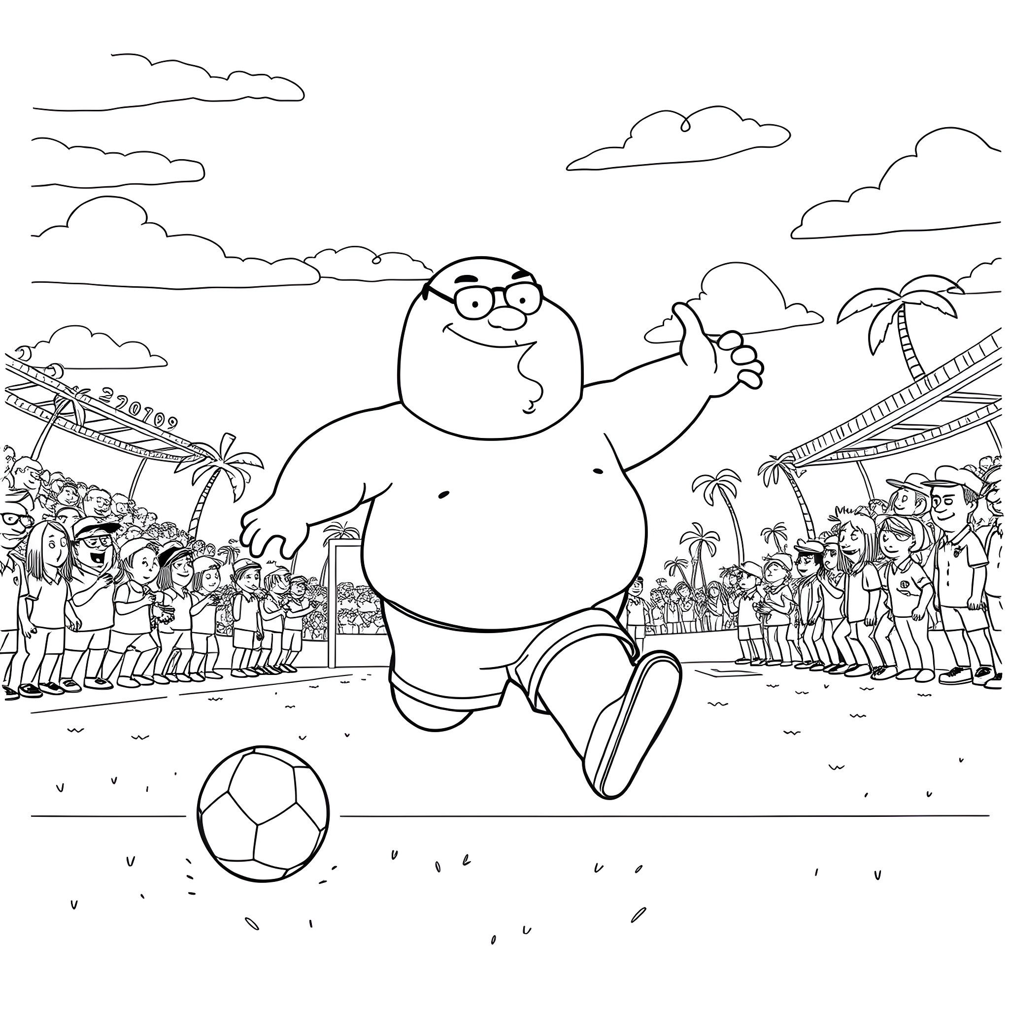Peter Griffin playing soccer with a crowd of people Coloring Page (free black-and-white line drawing printable PDF for all, from beginners to advanced learners, including children, teens, adults, and seniors)