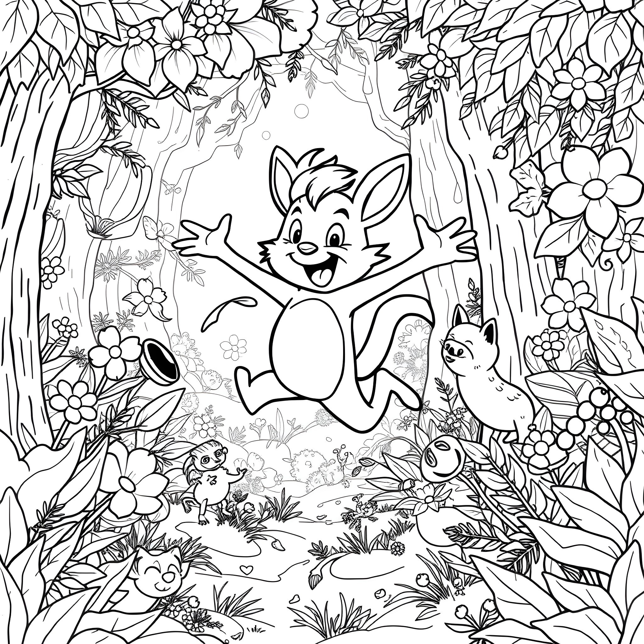 Sprunki playing happily in the magical forest Coloring Page (free black-and-white line drawing printable PDF for all, from beginners to advanced learners, including children, teens, adults, and seniors)