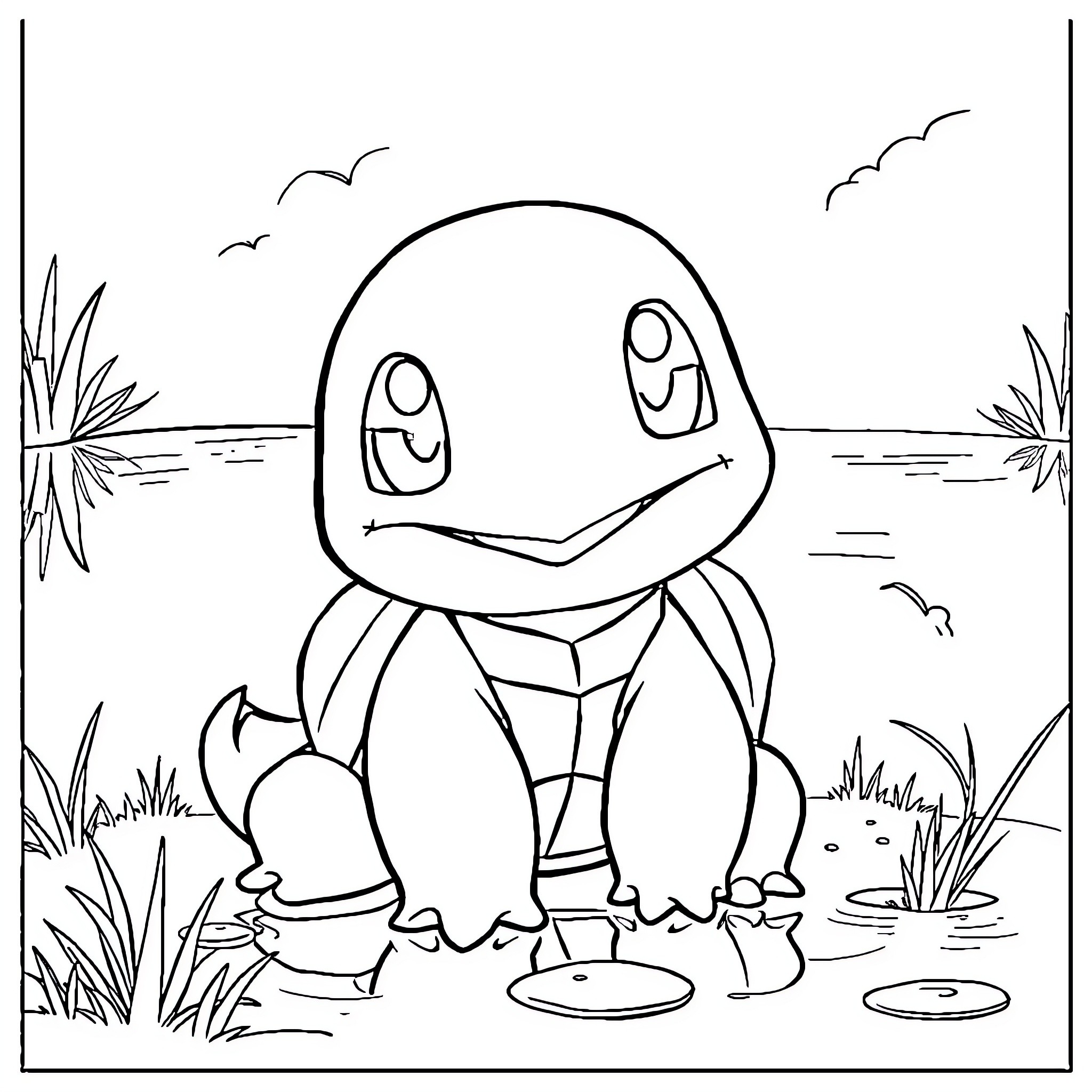 Squirtle enjoying nature and water Coloring Page (free black-and-white line drawing printable PDF for all, from beginners to advanced learners, including children, teens, adults, and seniors)