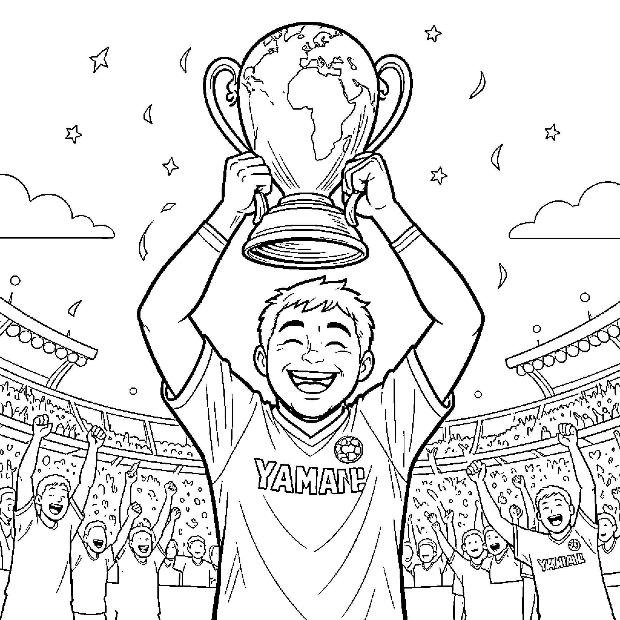 Yamal celebrating joyfully while lifting a championship trophy Coloring Page (free black-and-white line drawing printable PDF for all, from beginners to advanced learners, including children, teens, adults, and seniors)