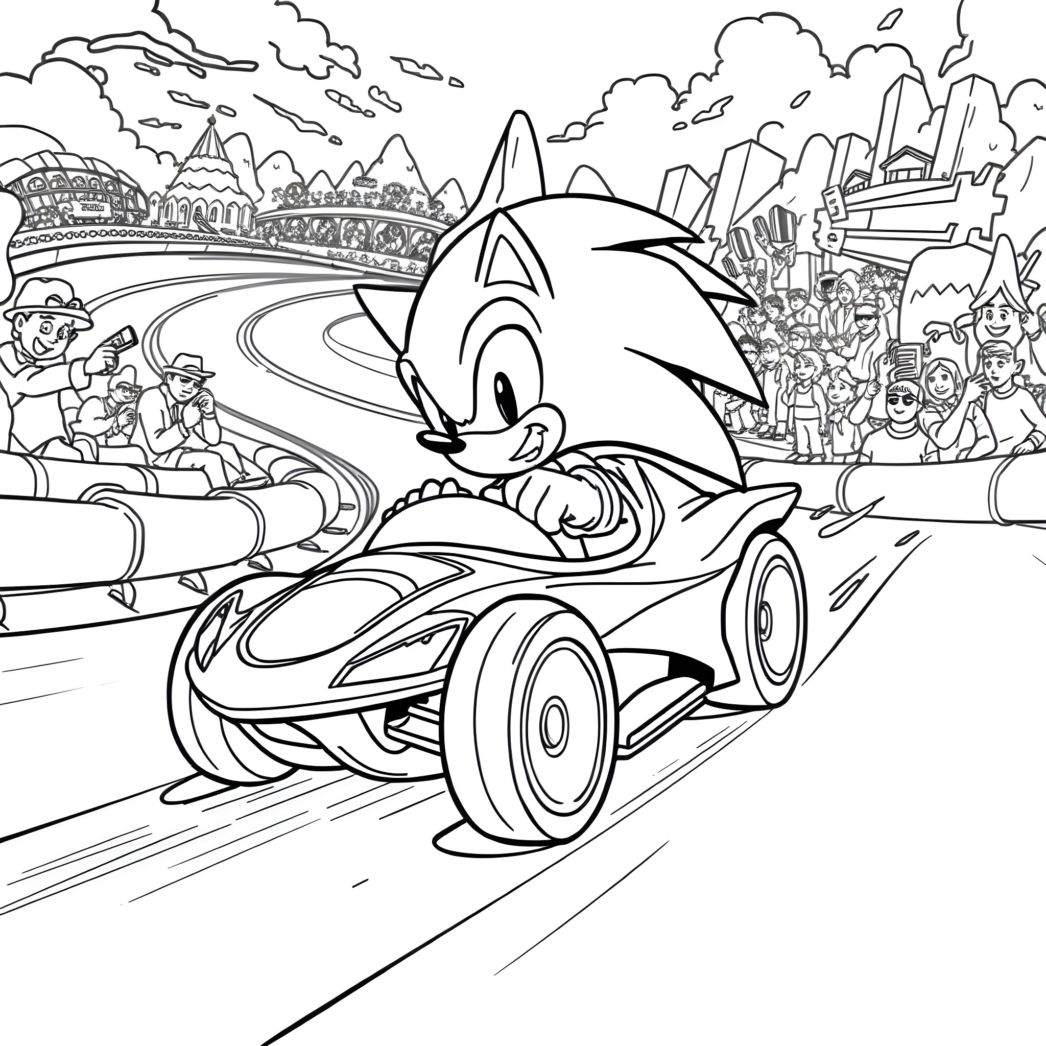 Sonic racing through a vibrant cityscape Coloring Page (free black-and-white line drawing printable PDF for all, from beginners to advanced learners, including children, teens, adults, and seniors)