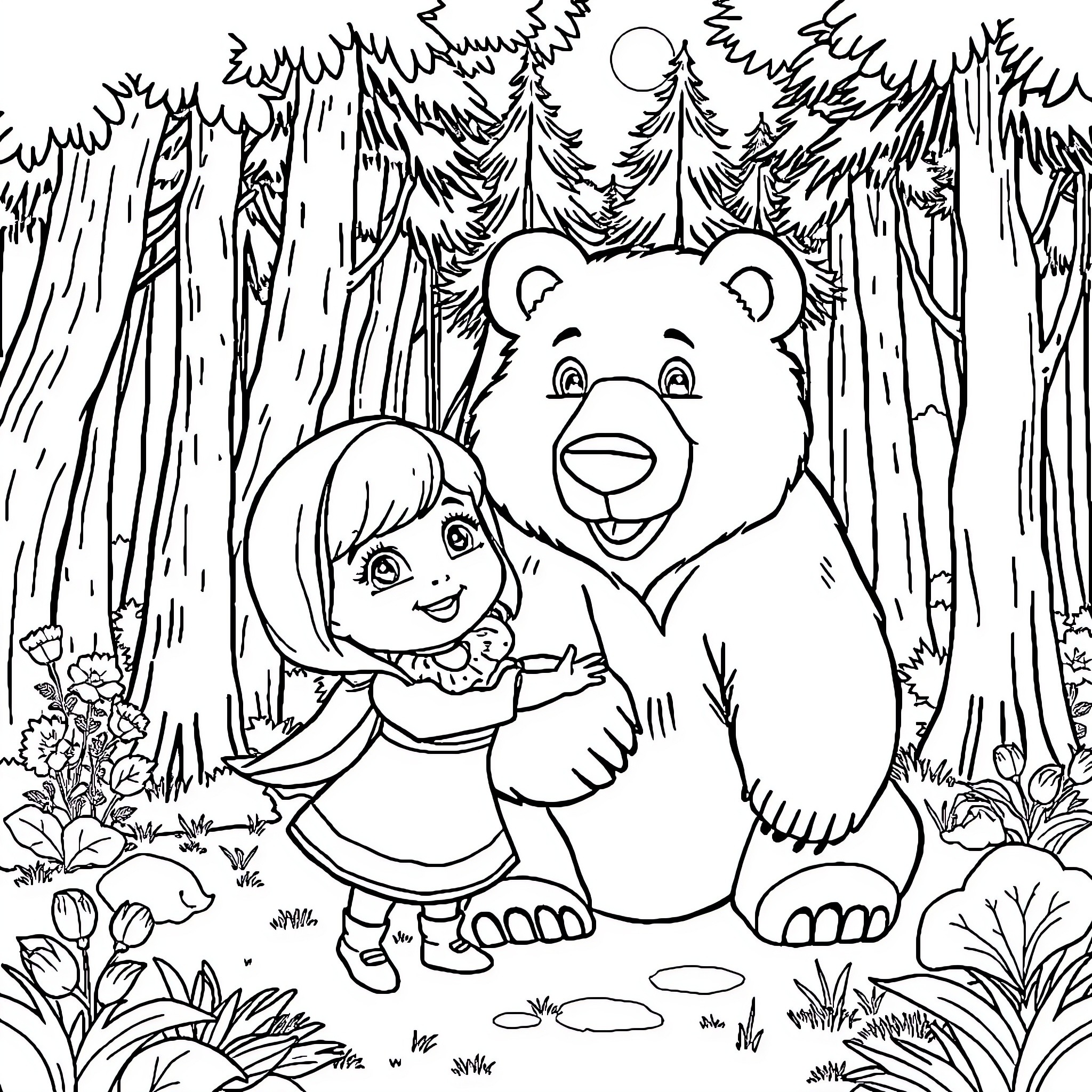 Masha and the Bear in the Forest Coloring Page (free black-and-white line drawing printable PDF for all, from beginners to advanced learners, including children, teens, adults, and seniors)