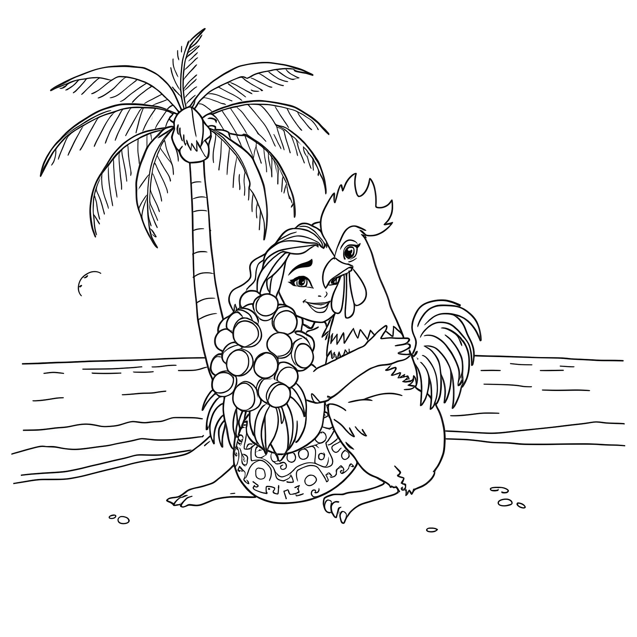 Moana Enjoying the Tropical Beach with Pua the Chicken Coloring Page (free black-and-white line drawing printable PDF for all, from beginners to advanced learners, including children, teens, adults, and seniors)