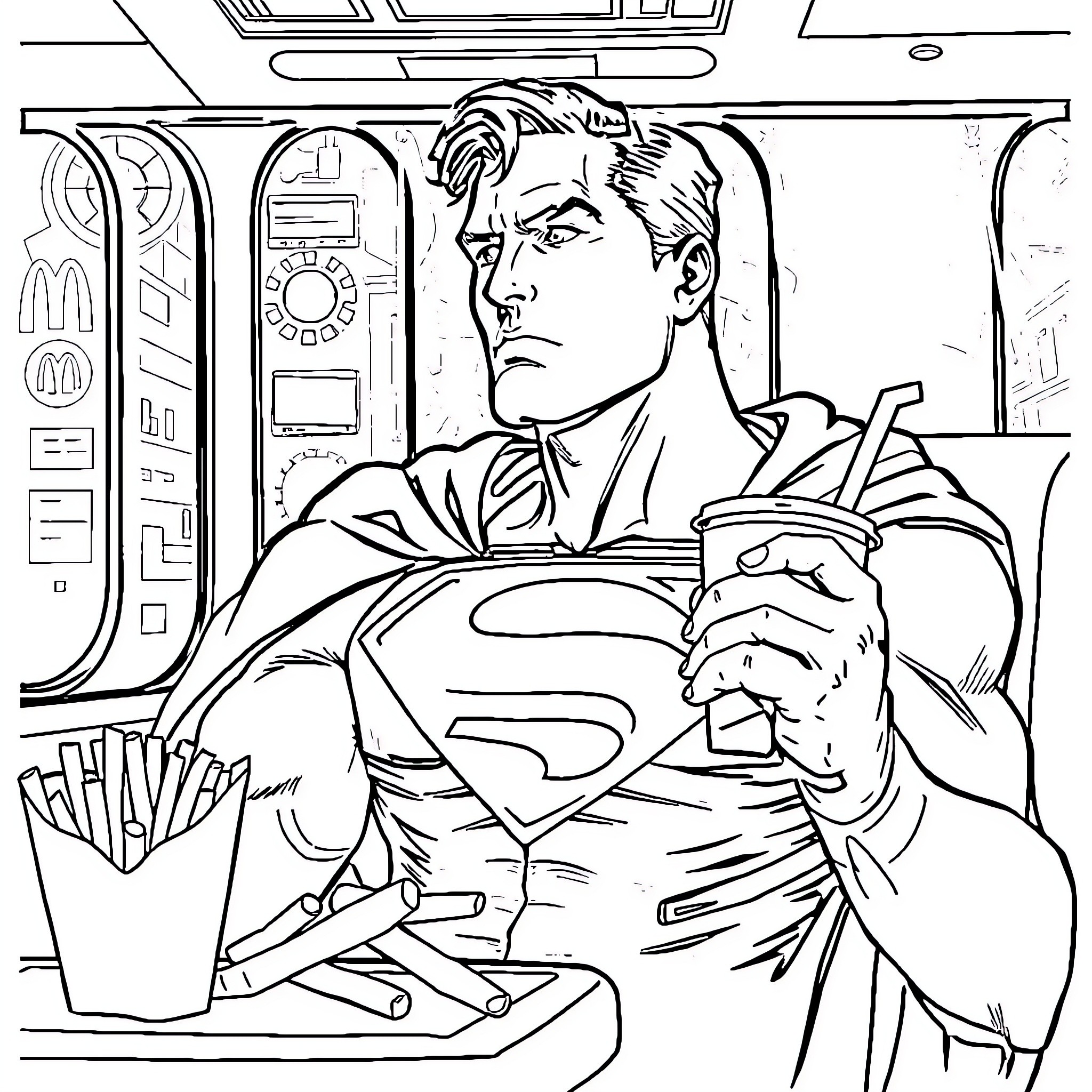 Superman enjoying a quick snack in his office Coloring Page (free black-and-white line drawing printable PDF for all, from beginners to advanced learners, including children, teens, adults, and seniors)