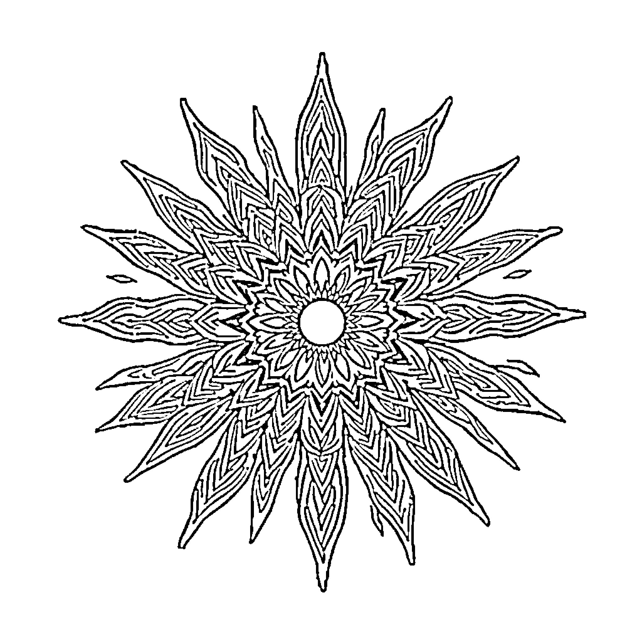 Sun Burst Mandala Pattern Coloring Page (free black-and-white line drawing printable PDF for all, from beginners to advanced learners, including children, teens, adults, and seniors)