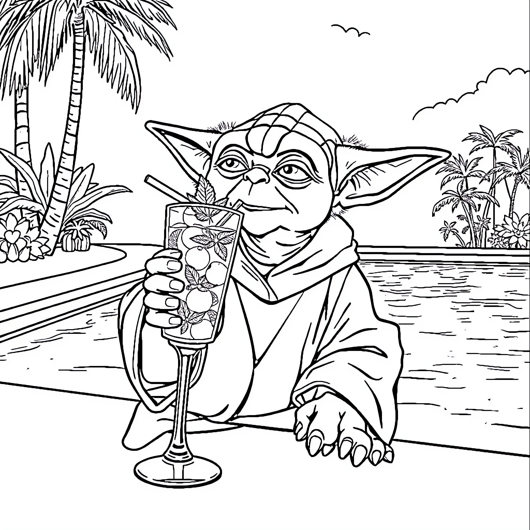 Yoda enjoying tropical drink on beach Coloring Page (free black-and-white line drawing printable PDF for all, from beginners to advanced learners, including children, teens, adults, and seniors)