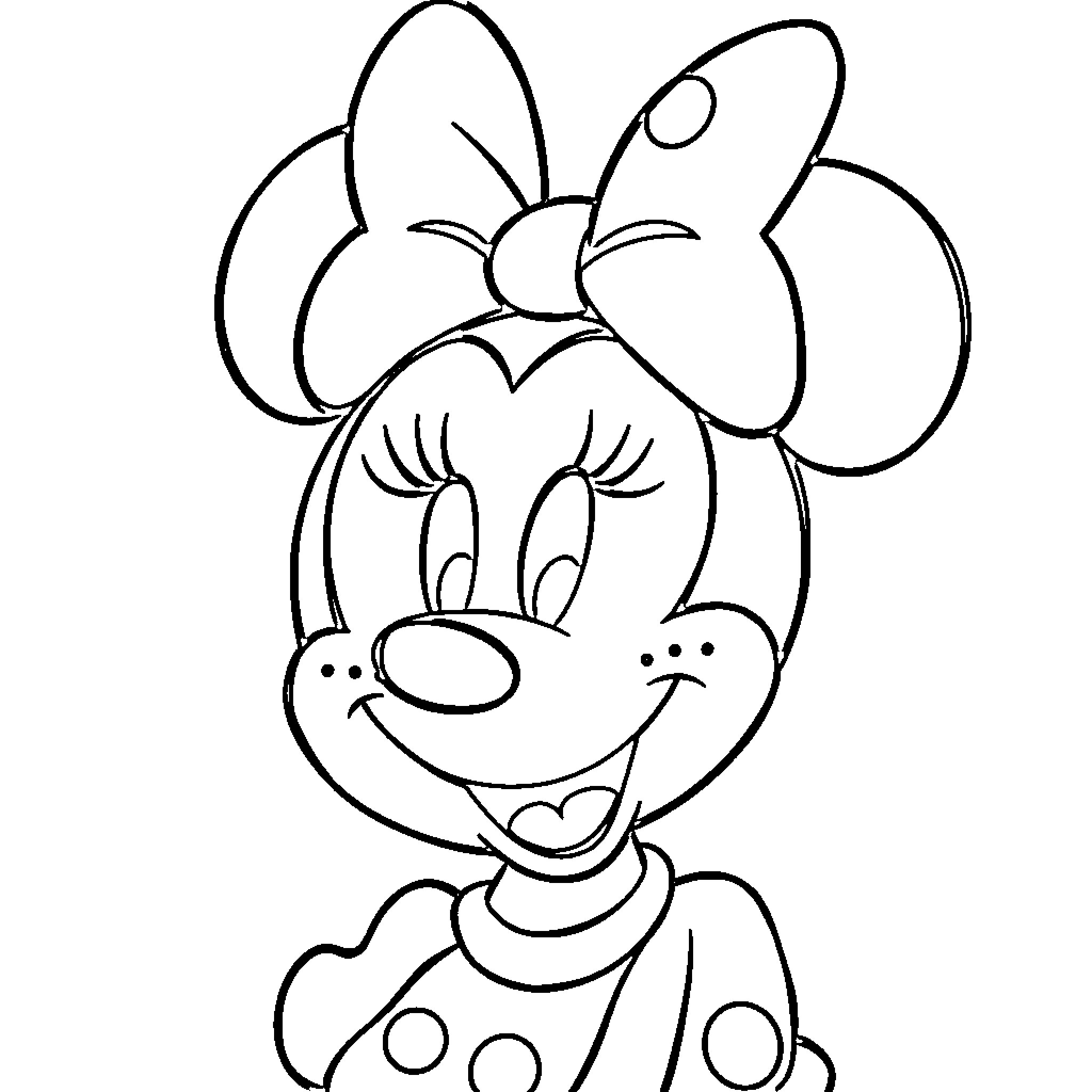 Minnie Mouse with a cheerful expression Coloring Page (free black-and-white line drawing printable PDF for all, from beginners to advanced learners, including children, teens, adults, and seniors)