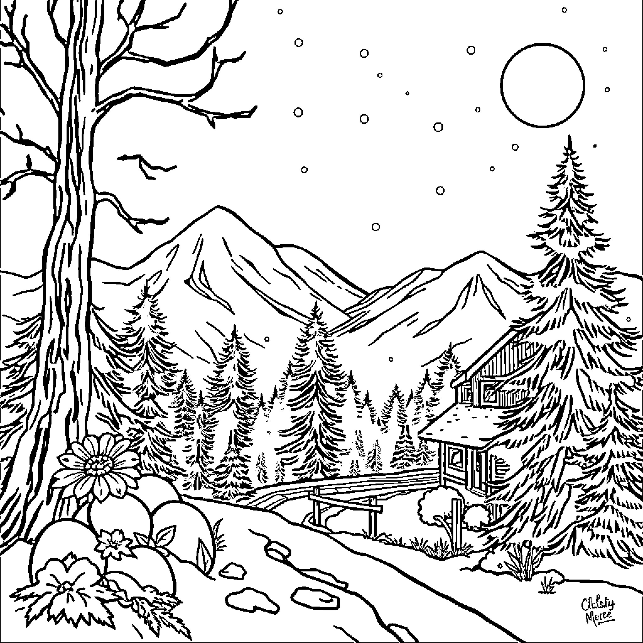 Inventor's Winter Wonderland Coloring Page (free black-and-white line drawing printable PDF for all, from beginners to advanced learners, including children, teens, adults, and seniors)