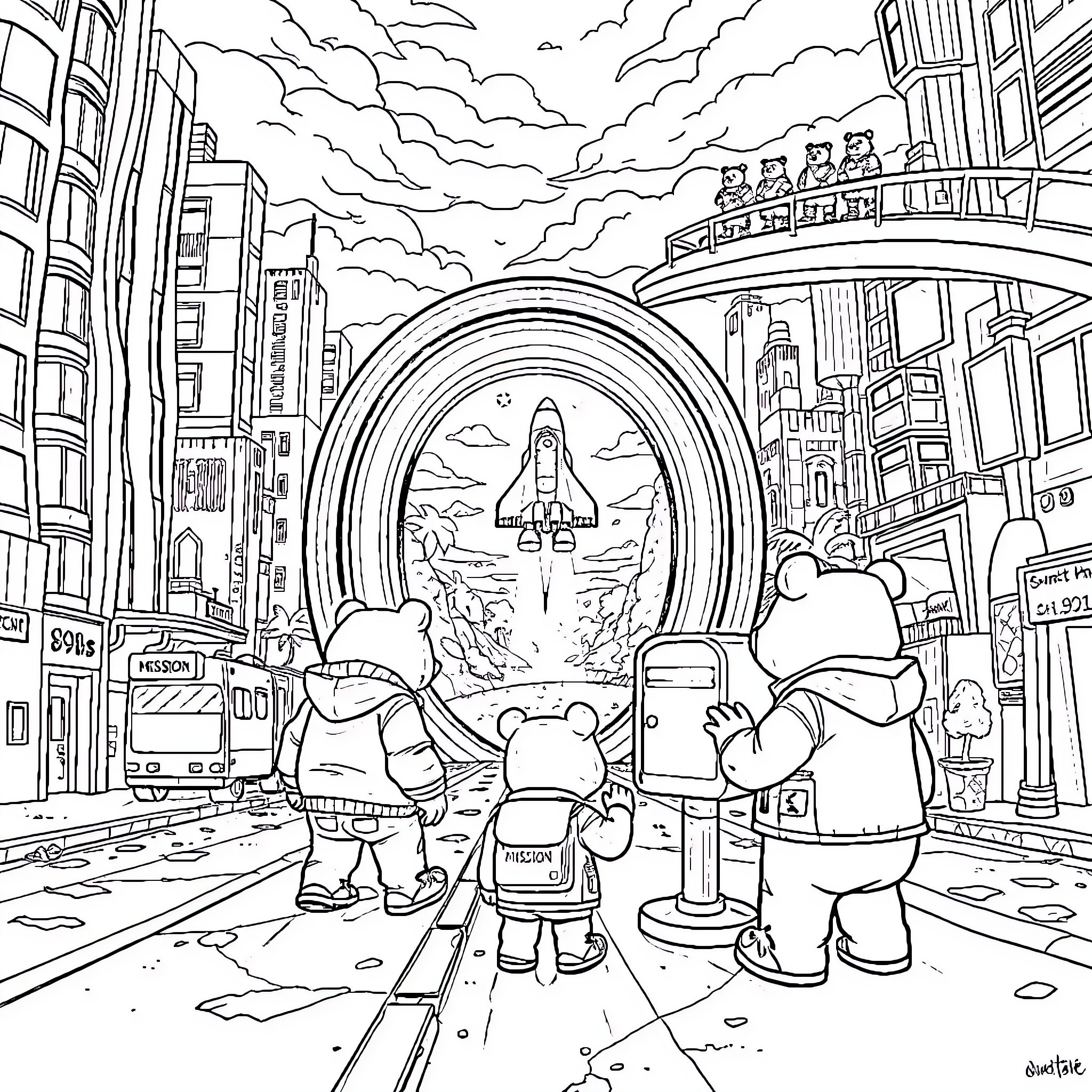 Bear Astronauts Explore Futuristic City Gateway Coloring Page (free black-and-white line drawing printable PDF for all, from beginners to advanced learners, including children, teens, adults, and seniors)