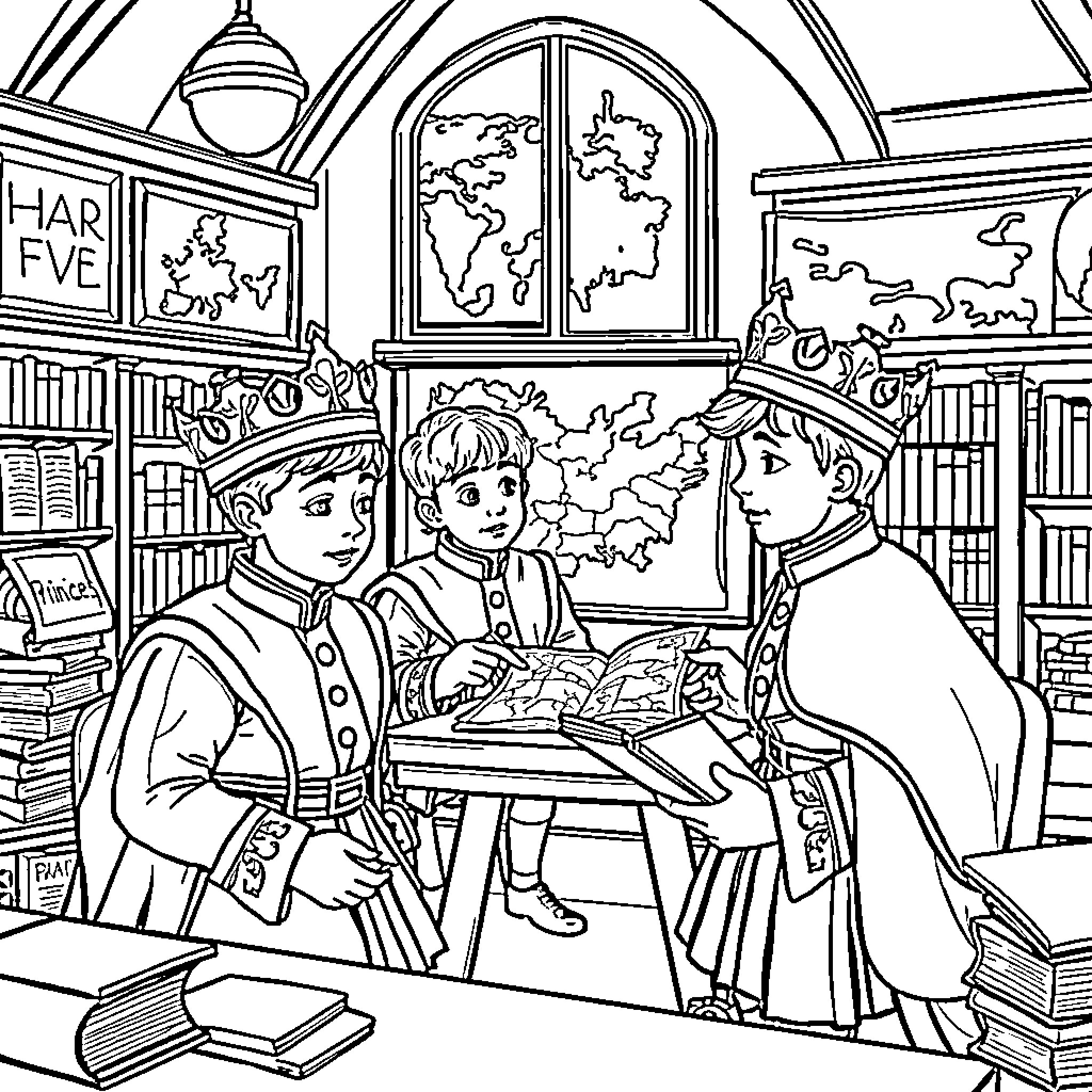 Prince's Adventure in the School Library Coloring Page (free black-and-white line drawing printable PDF for all, from beginners to advanced learners, including children, teens, adults, and seniors)