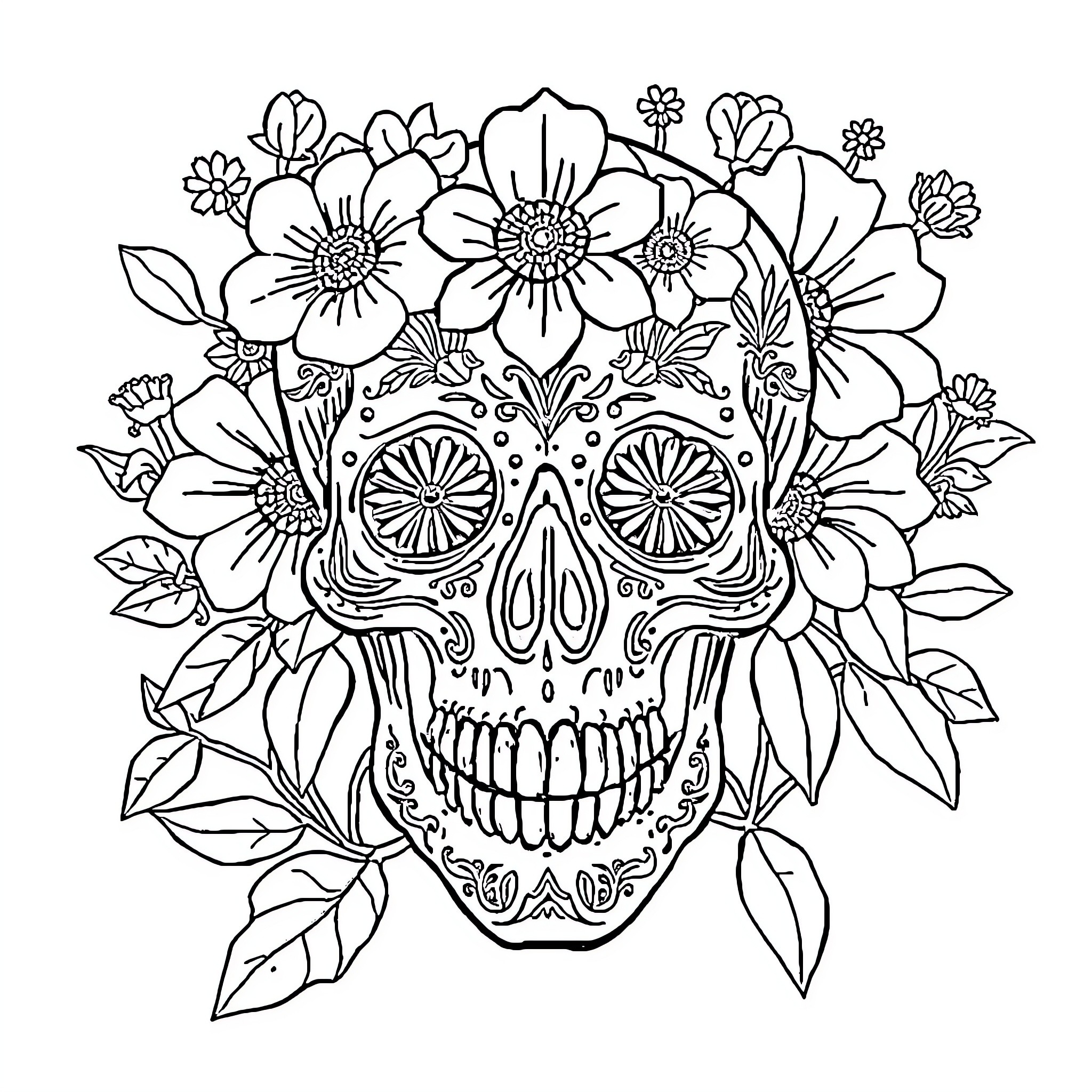 Skull surrounded by intricate floral designs Coloring Page (free black-and-white line drawing printable PDF for all, from beginners to advanced learners, including children, teens, adults, and seniors)
