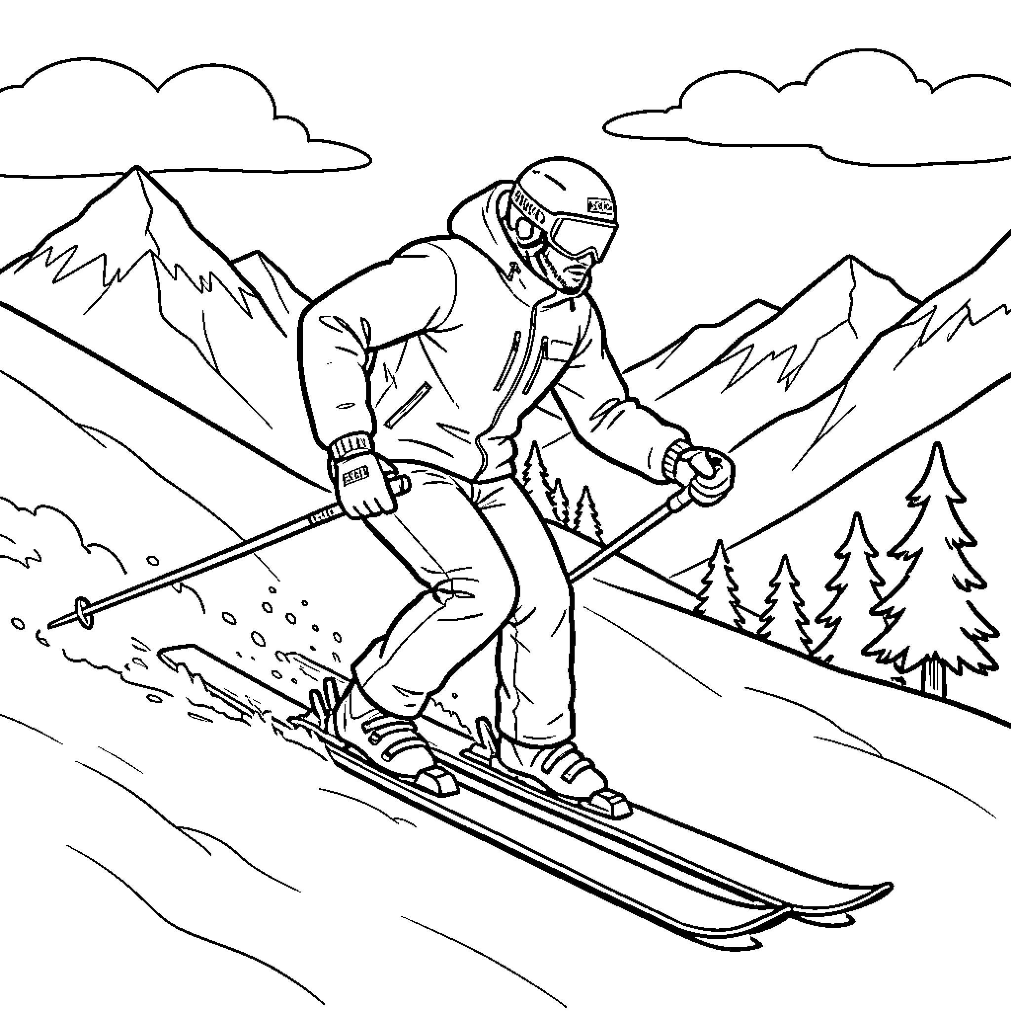 Mbappe skiing down a snowy mountain slope Coloring Page (free black-and-white line drawing printable PDF for all, from beginners to advanced learners, including children, teens, adults, and seniors)